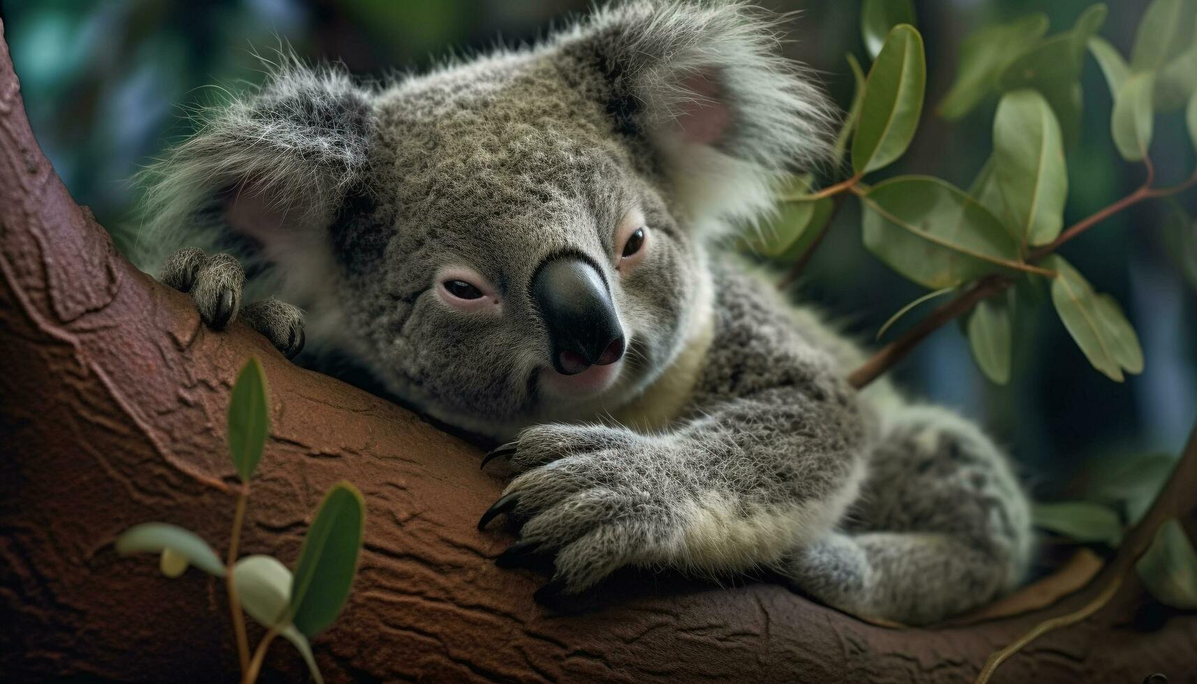 Cute koala, marsupial mammal, sitting on eucalyptus tree, looking at camera generated by AI photo
