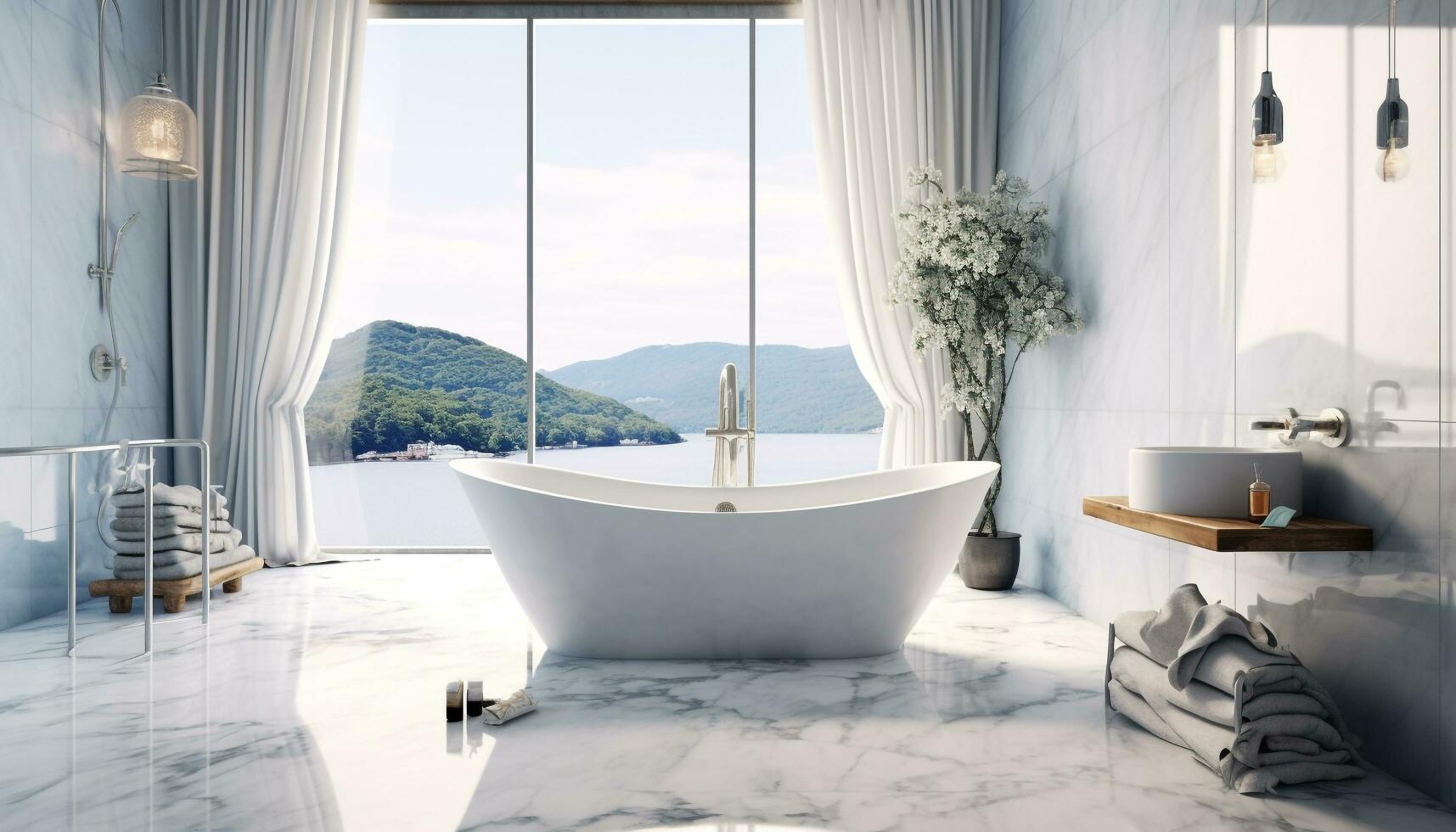 Modern luxury home interior with elegant bathtub and comfortable flooring generated by AI photo