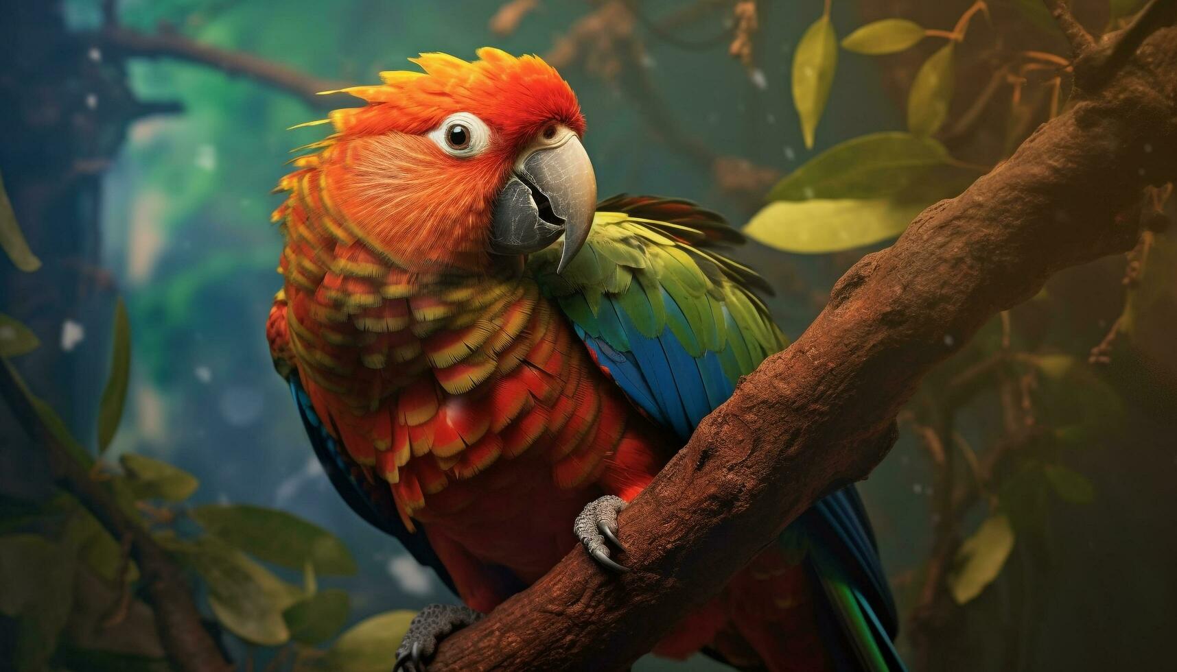 A vibrant macaw perching on a branch in the rainforest generated by AI photo