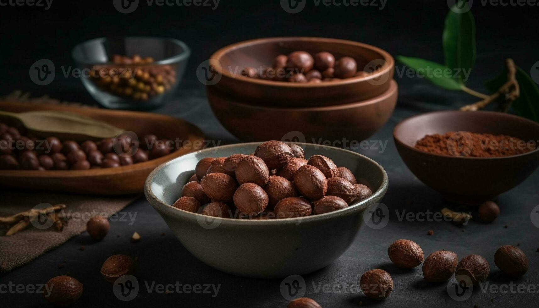 A rustic table with a large bowl of organic nuts generated by AI photo