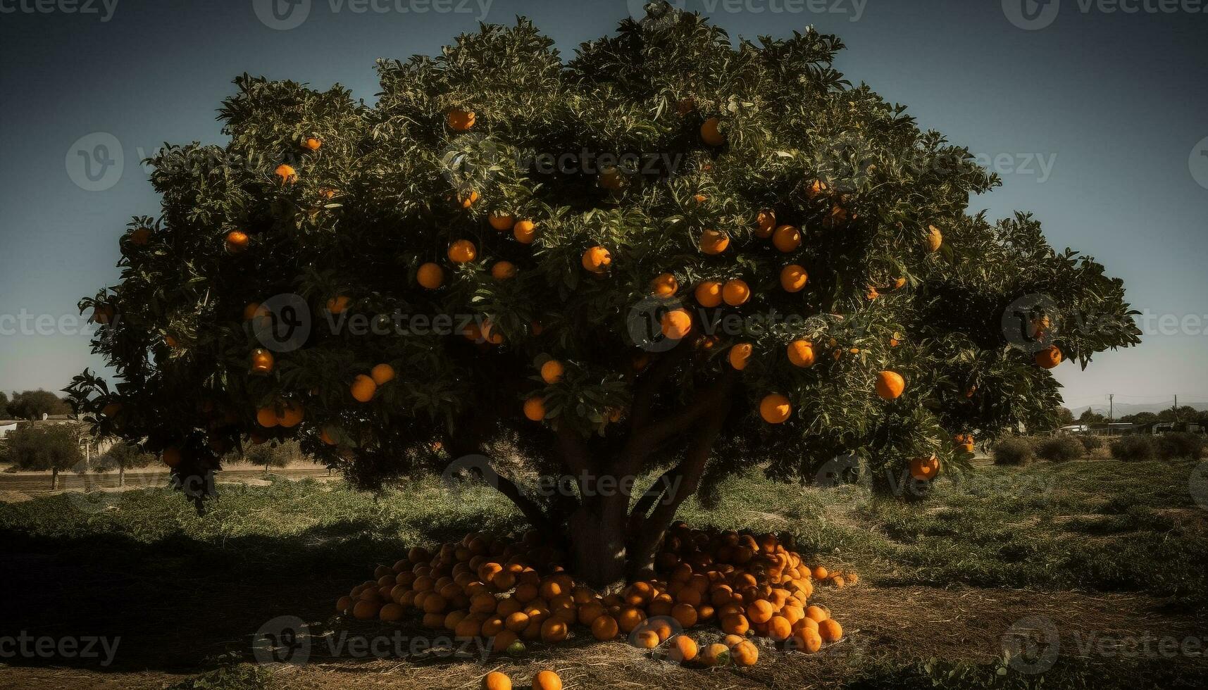 Ripe orange fruit on branch, autumn sunset in rural orchard generated by AI photo