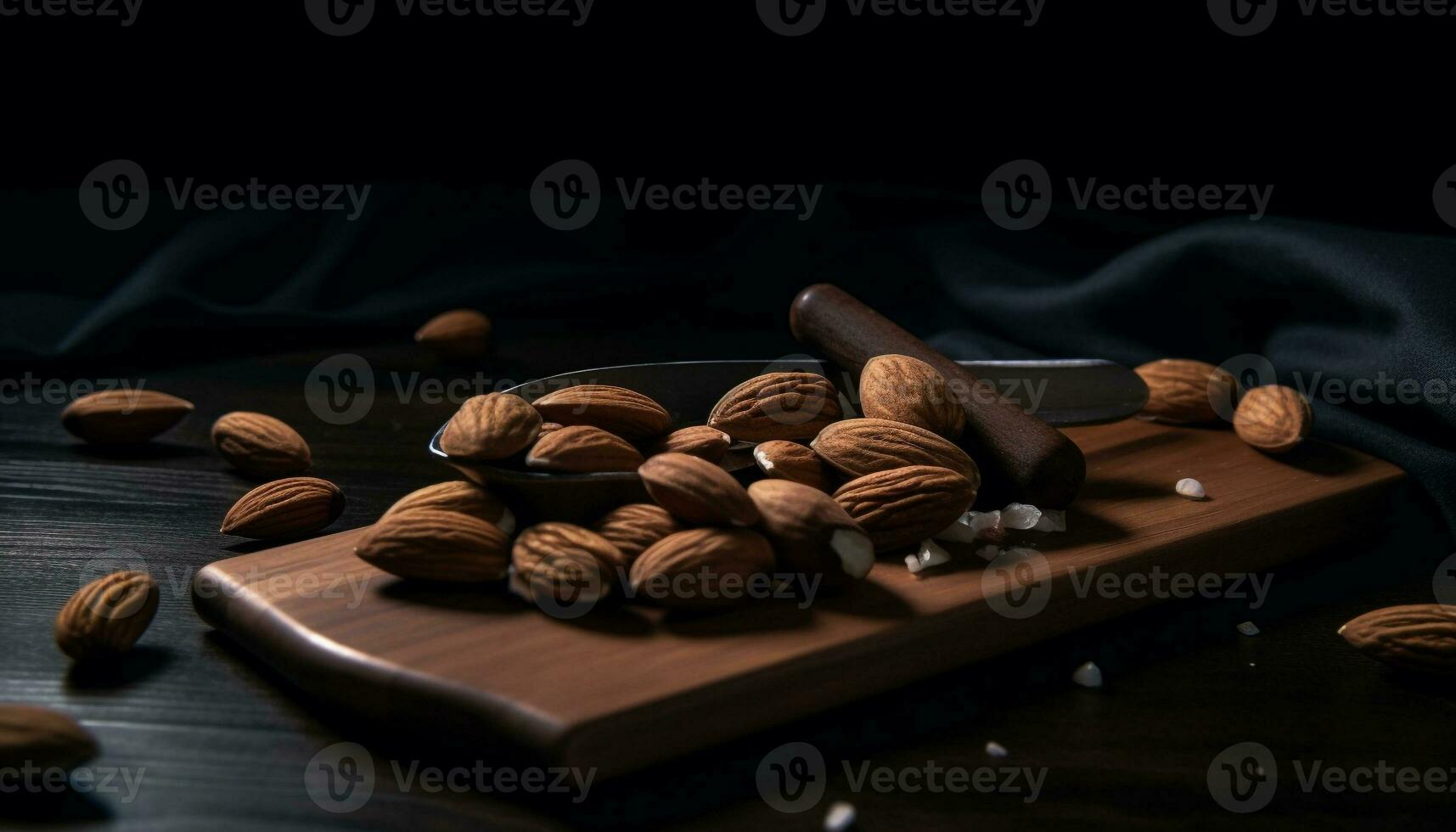 de madera mesa, sano comiendo, Fresco fruta, gastrónomo bocadillo, orgánico almendra generado por ai foto