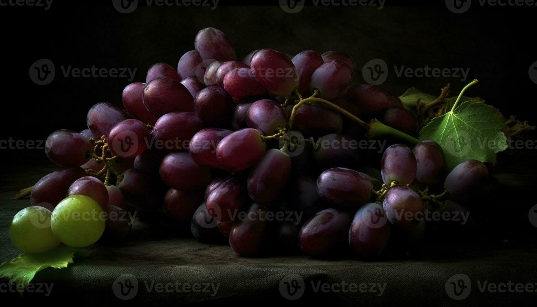 Fresh grape bunches on a wooden table, a healthy autumn snack generated by AI photo