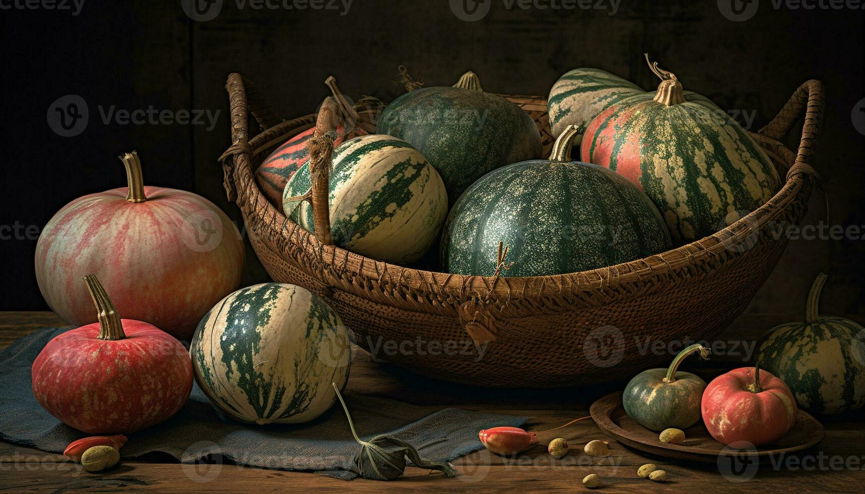 Pumpkin lanterns adorn rustic table, celebrating autumn spooky harvest generated by AI photo