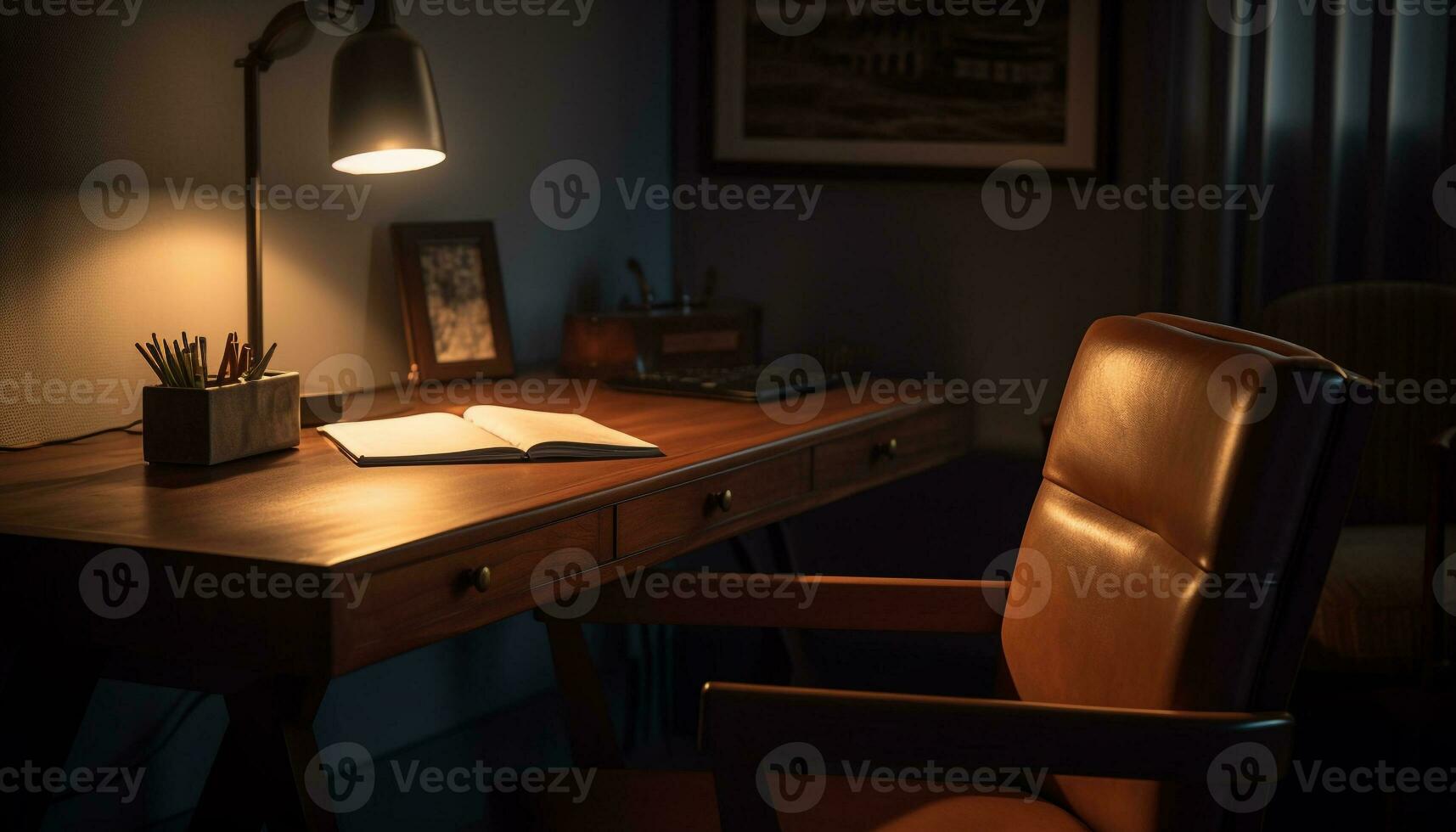 Comfortable chair, illuminated desk, bookshelf, modern home office, old fashioned decor generated by AI photo