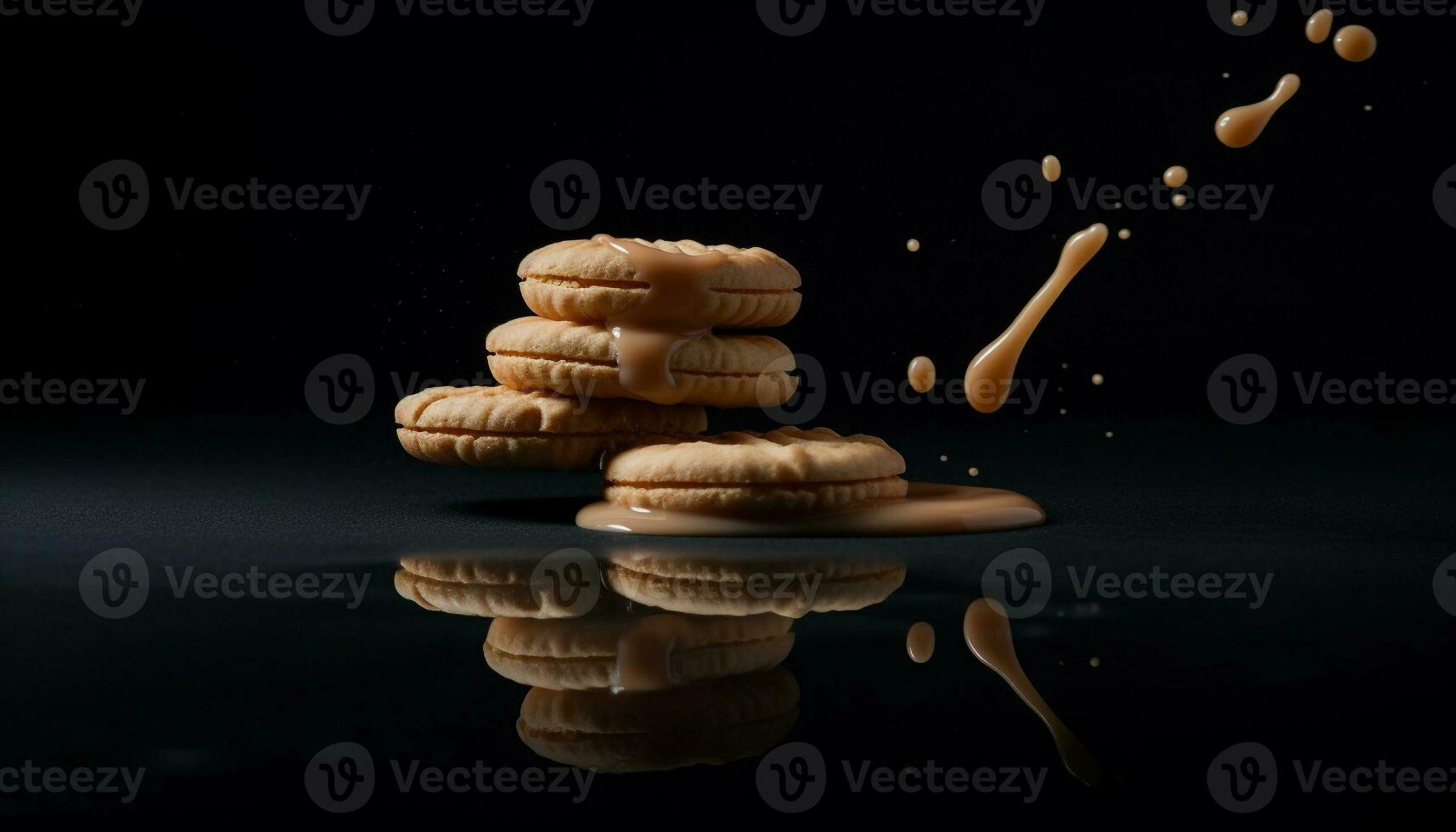 Stack of gourmet desserts reflects freshness in dark liquid drop generated by AI photo