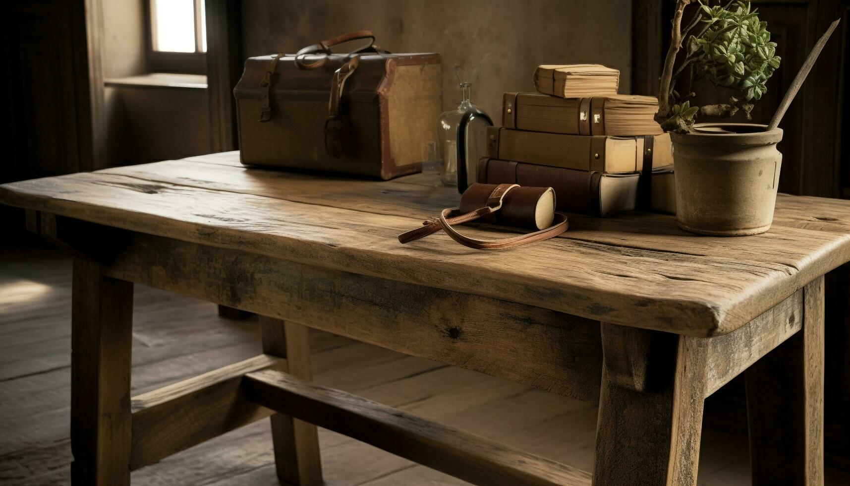 Rustic wooden box stacks on table, a vintage home decoration generated by AI photo