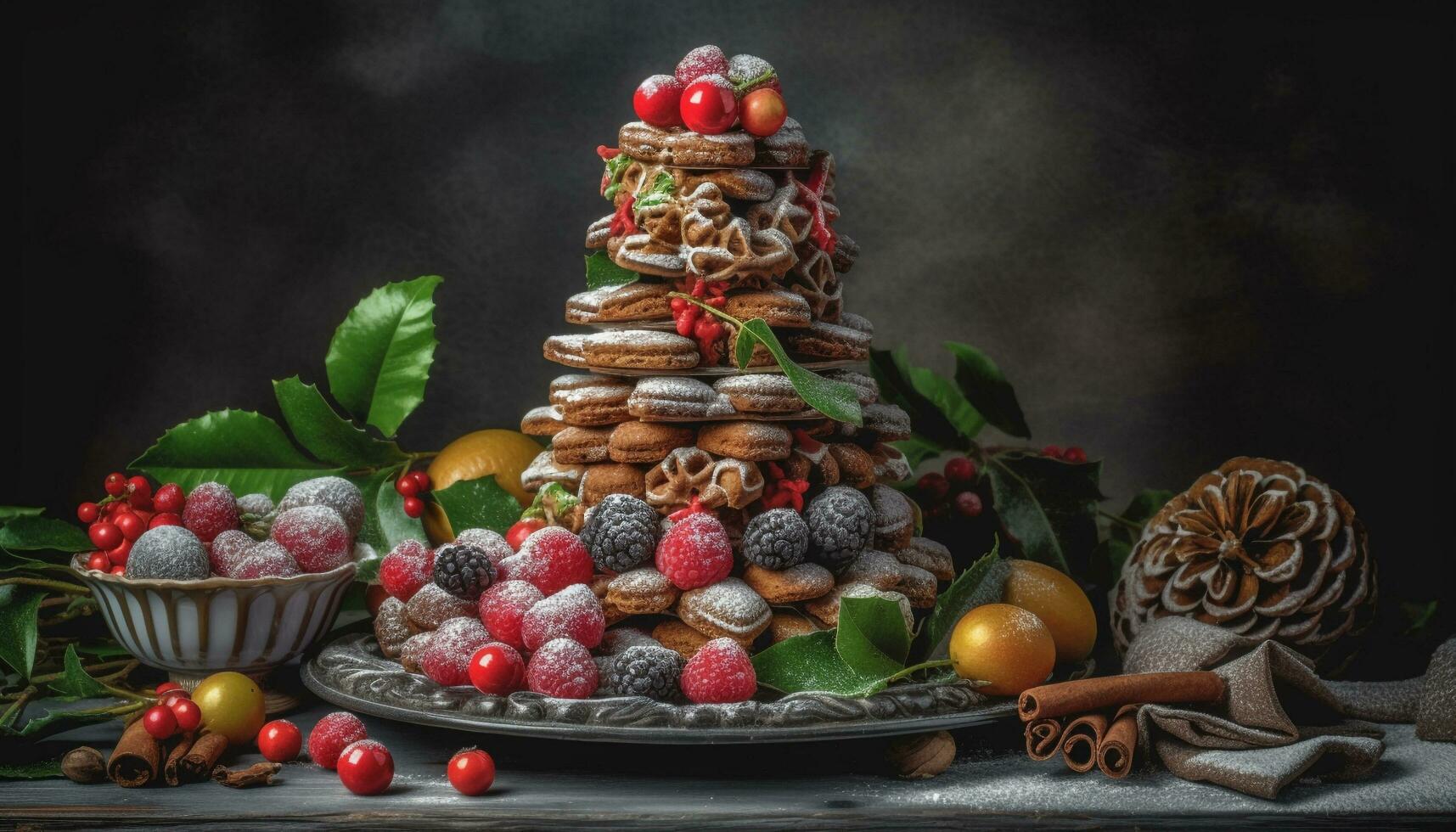 Freshness and nature adorn the rustic table with homemade berry dessert generated by AI photo