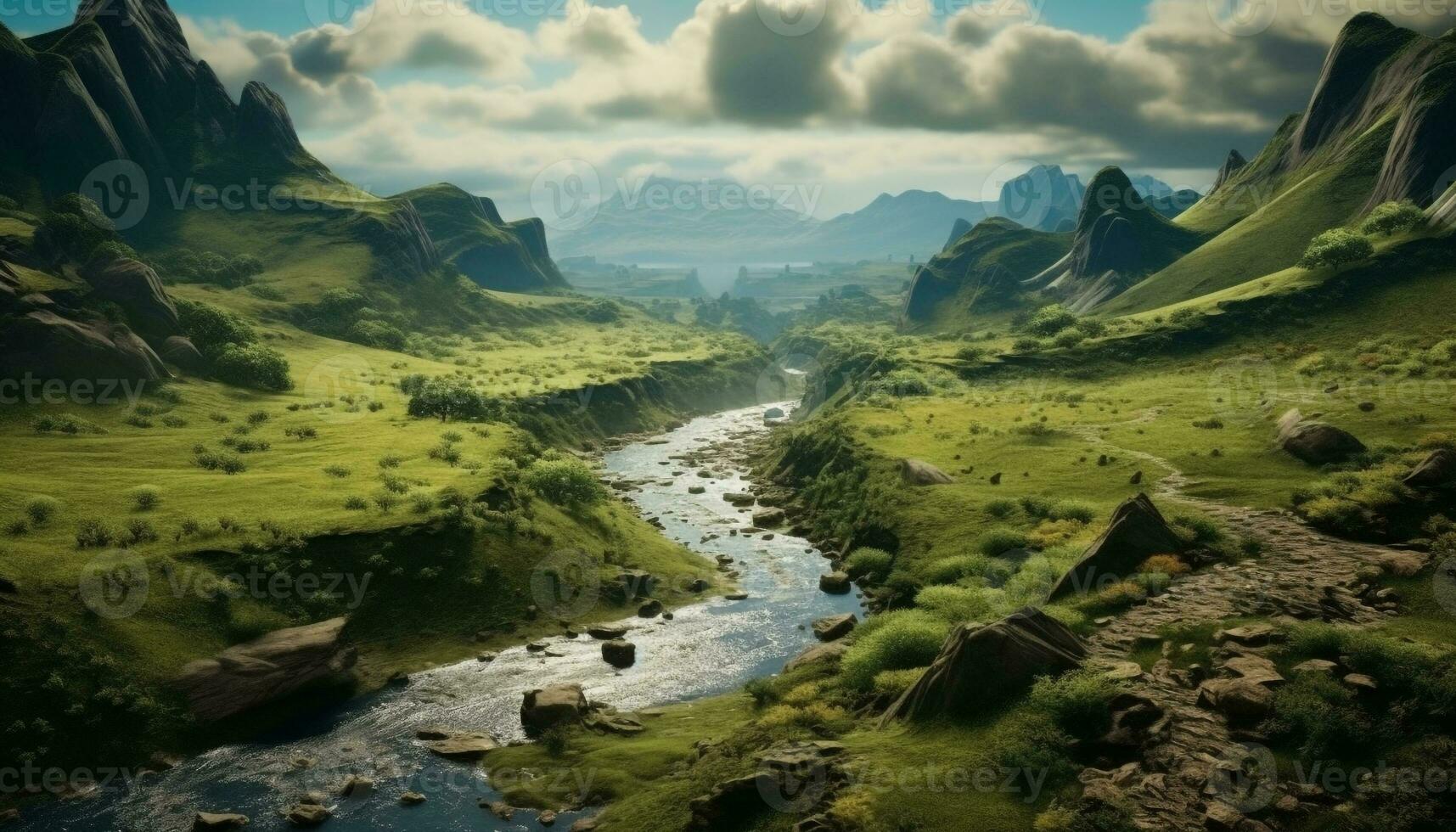 Majestic mountain range, tranquil meadow, flowing water, idyllic wilderness scene generated by AI photo