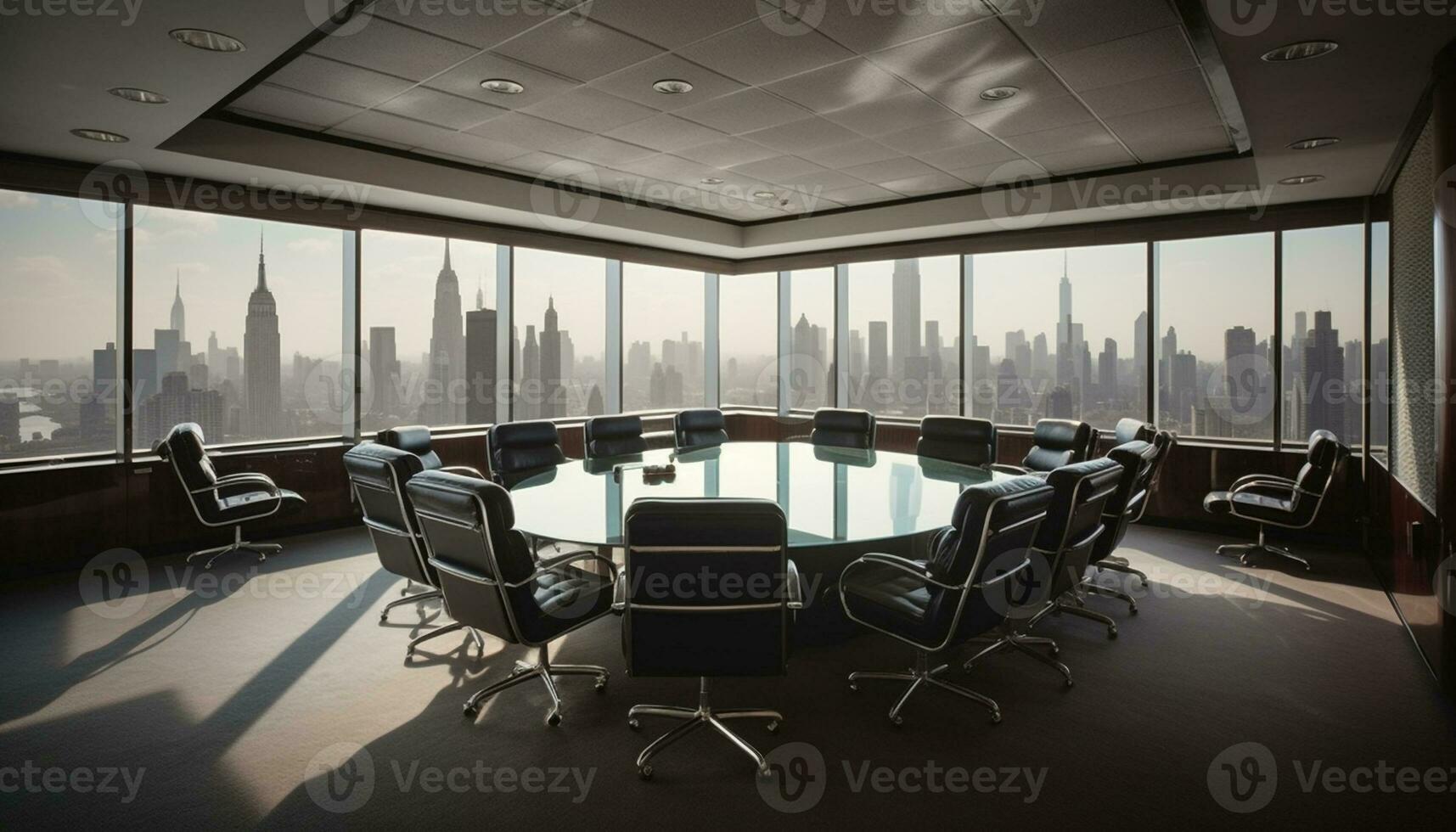 Modern office with panoramic cityscape, bright sunlight, and clean architecture generated by AI photo