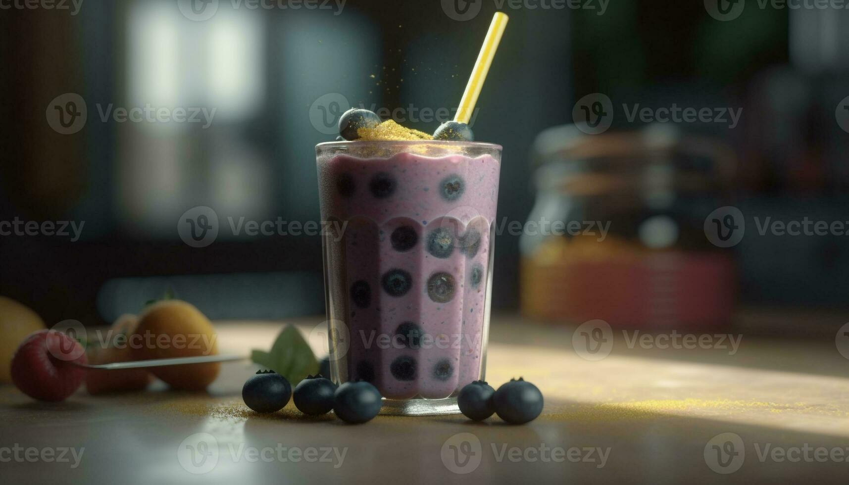 Refreshing berry milkshake on wooden table indoors generated by AI photo