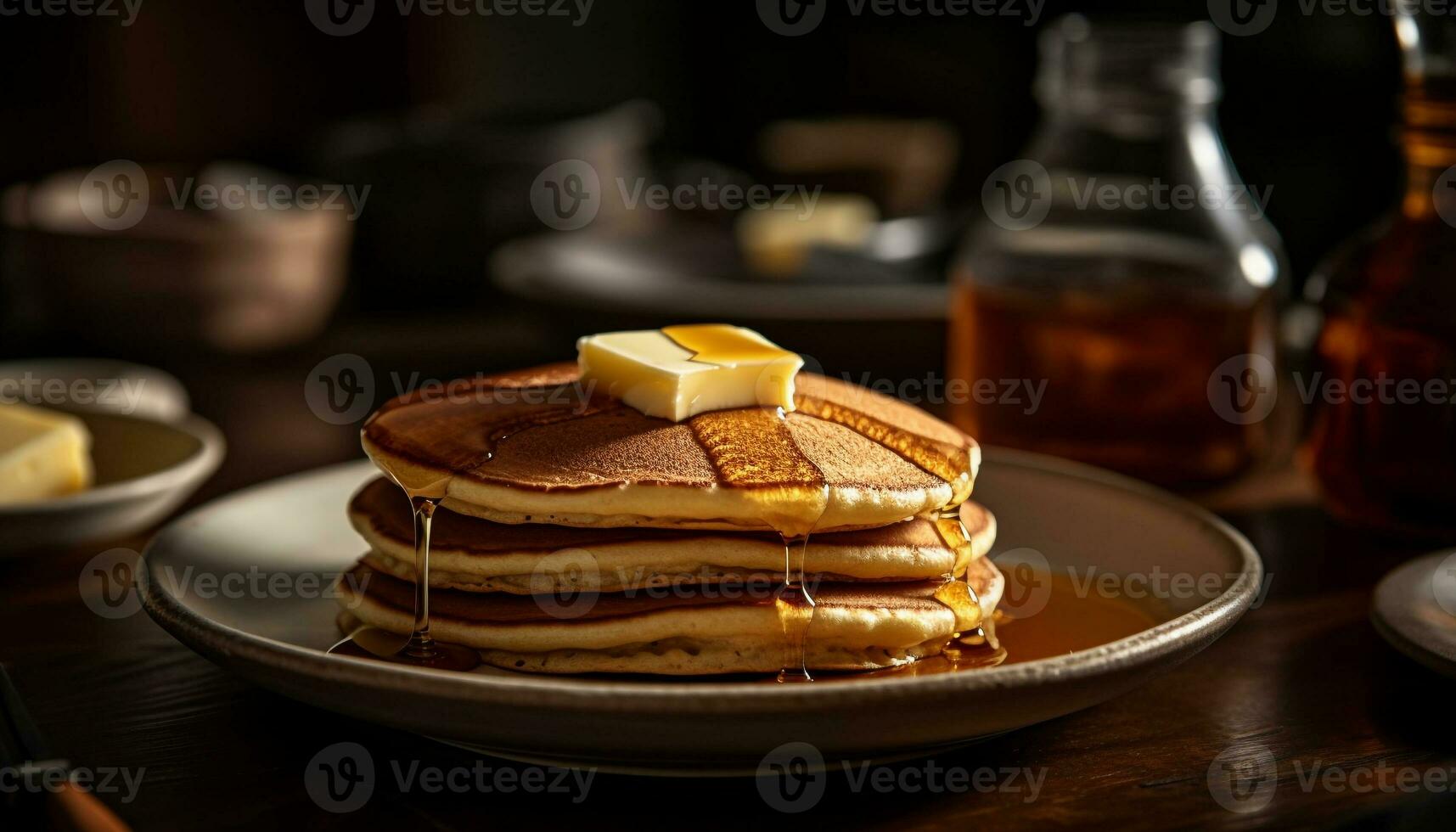 Stack of homemade pancakes with honey syrup generated by AI photo