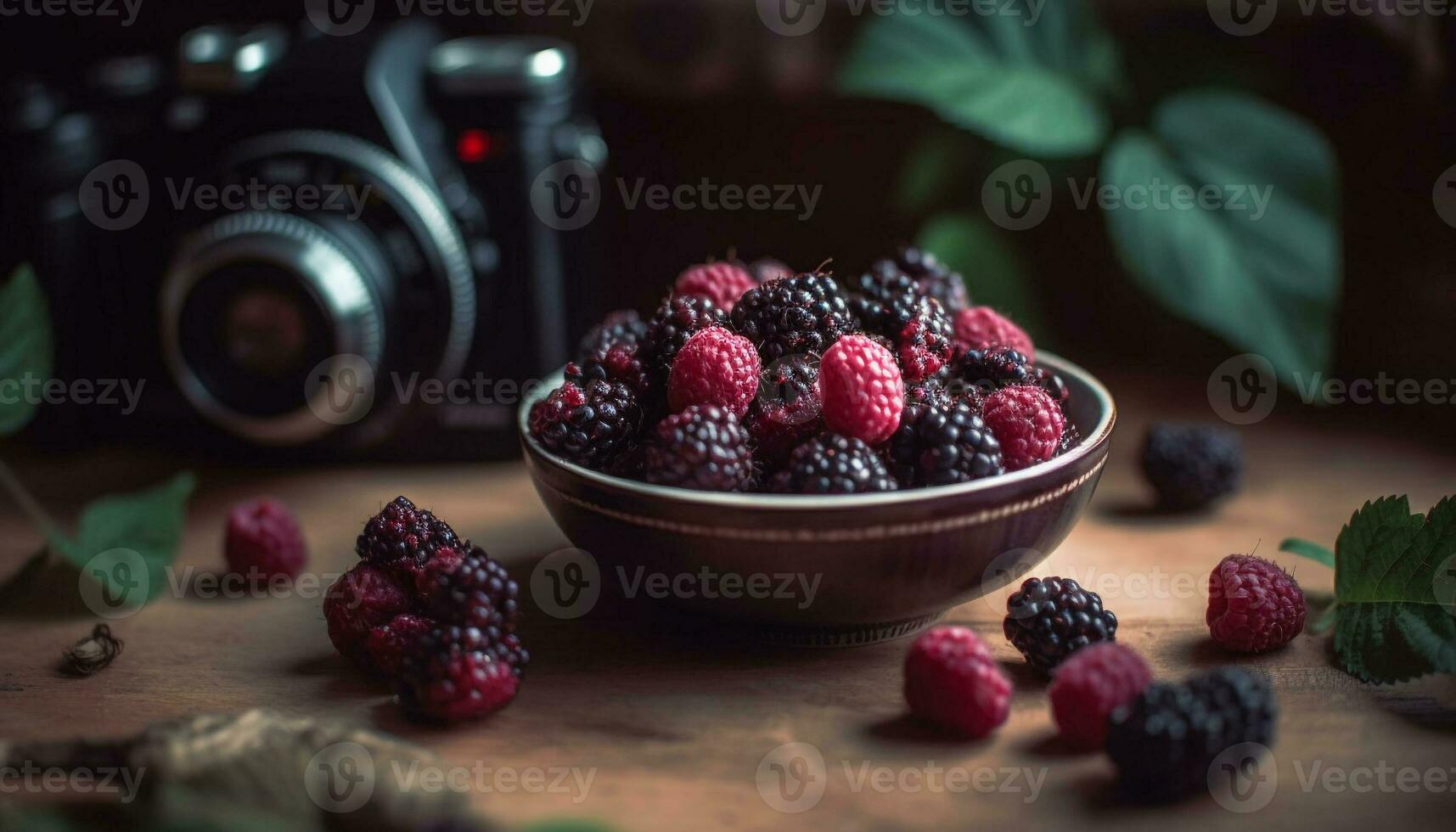 Ripe berry fruit on rustic wooden table generated by AI photo