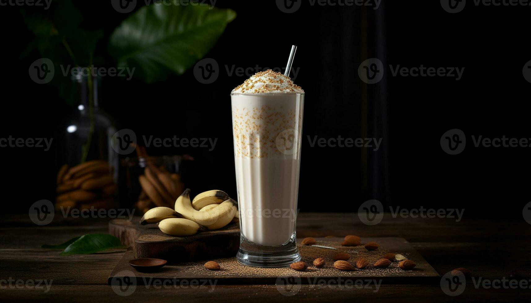 Organic milkshake, chocolate and fruit refreshment bowl generated by AI photo