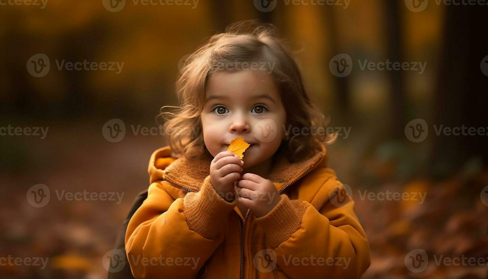 Cute toddler playing in autumn forest beauty generated by AI photo