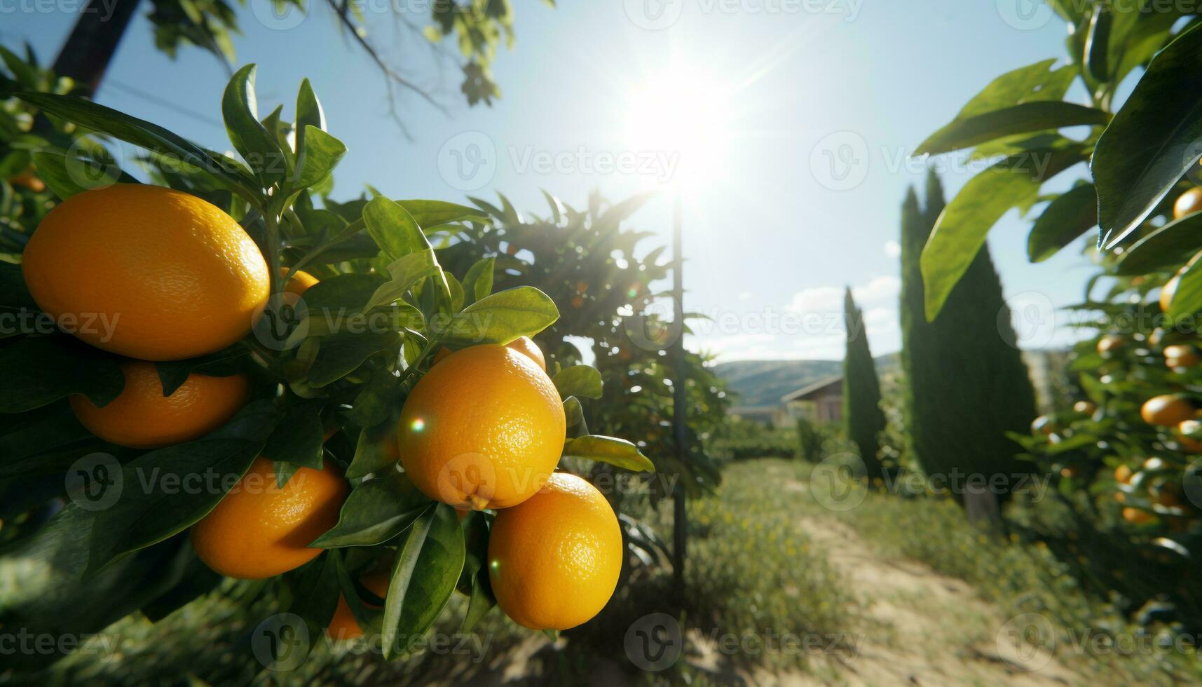 Ripe citrus fruit on green tree branch generated by AI photo