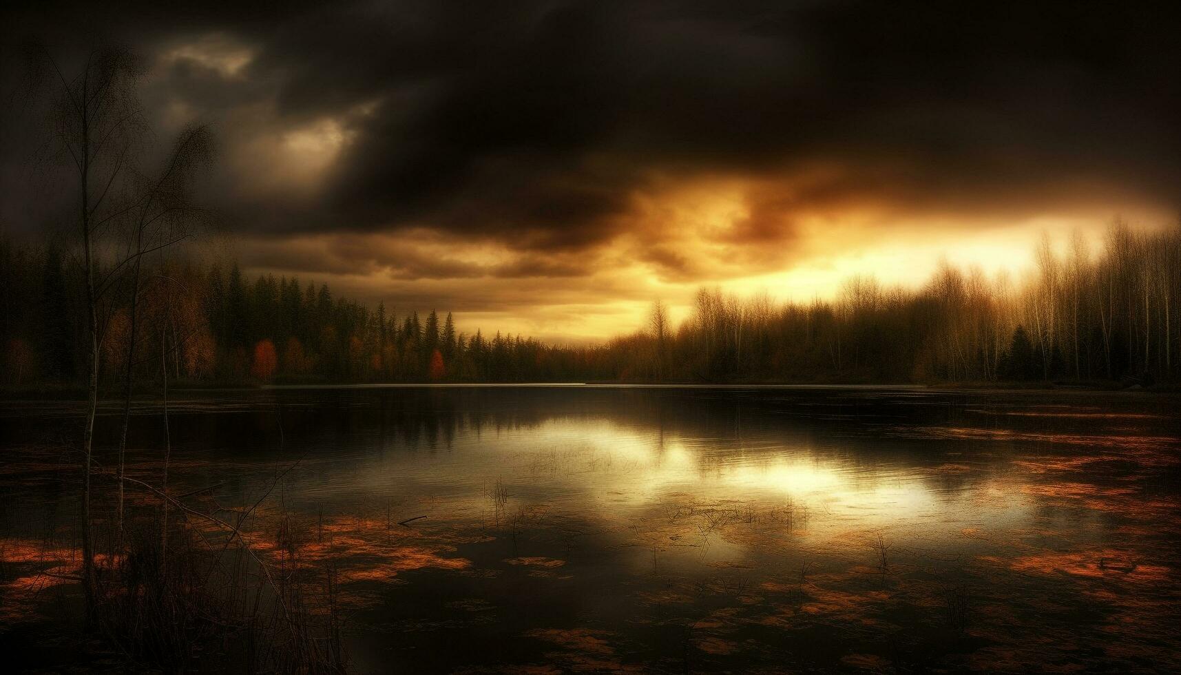 Tranquil scene of autumn forest by pond generated by AI photo