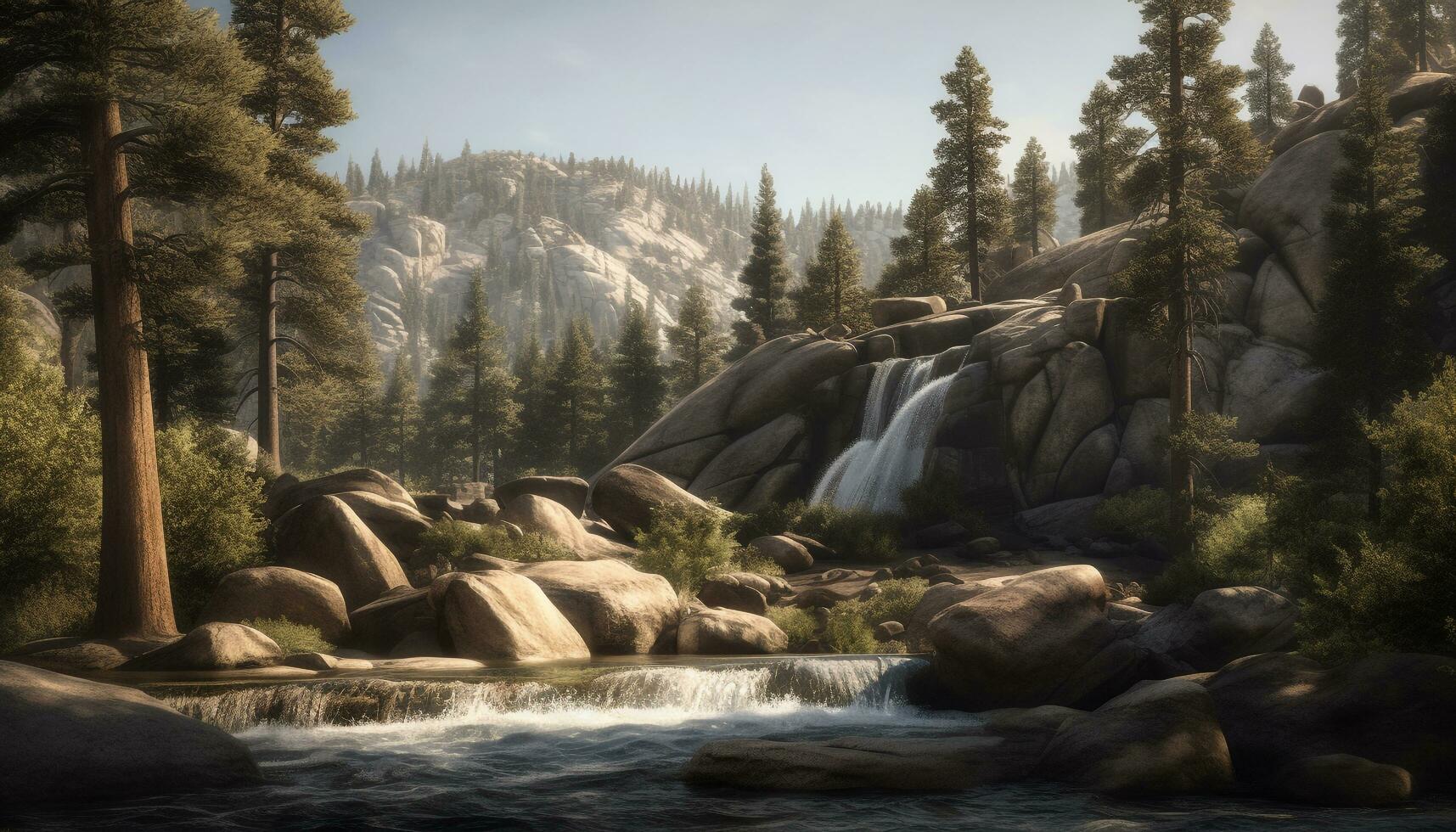 Tranquil scene of flowing water and green trees generated by AI photo