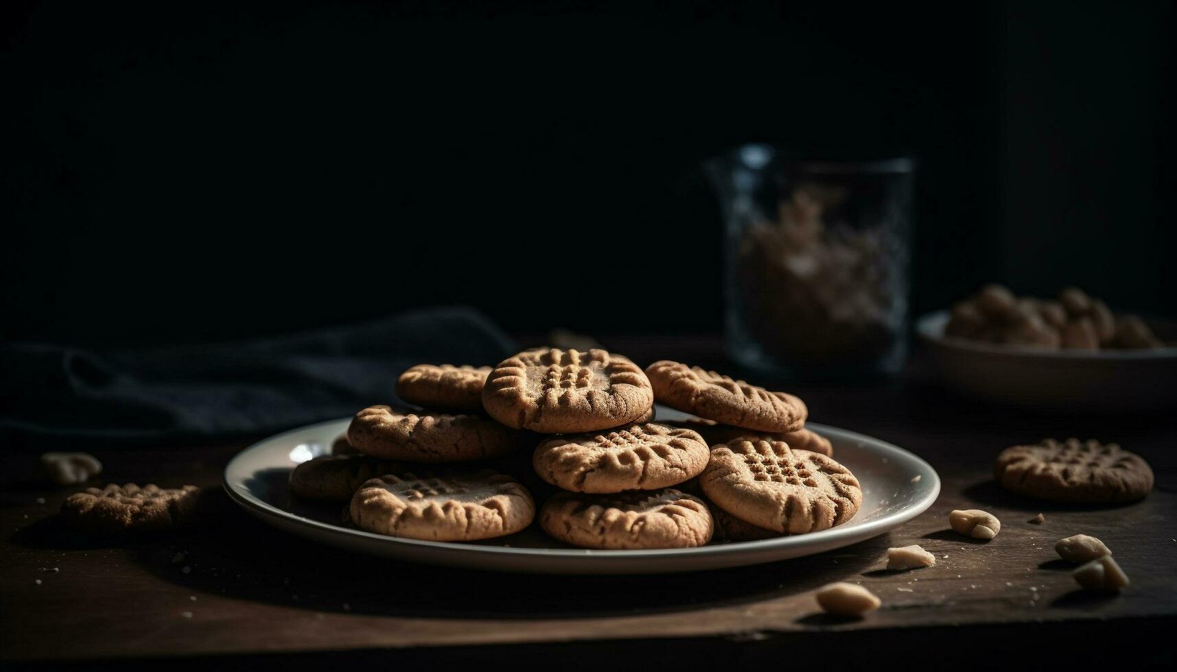 Rustic homemade chocolate chip cookies on wooden table generated by AI photo