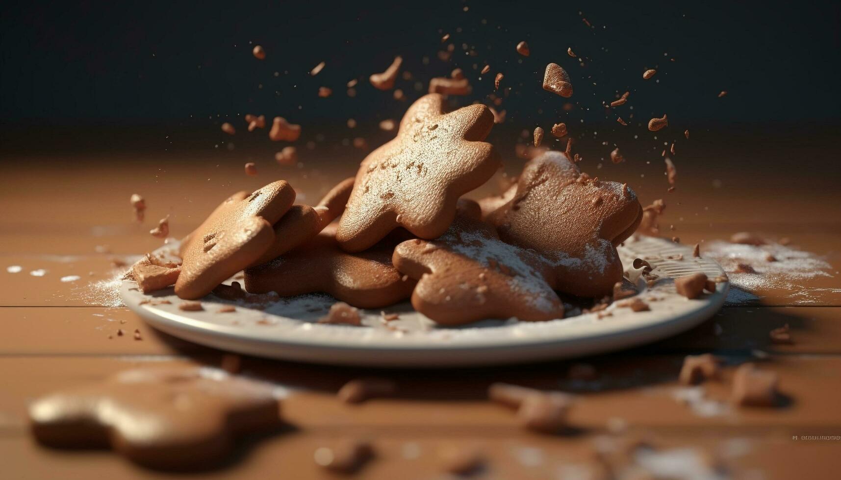 Homemade chocolate snowflake shortbread cookies on wood plate generated by AI photo