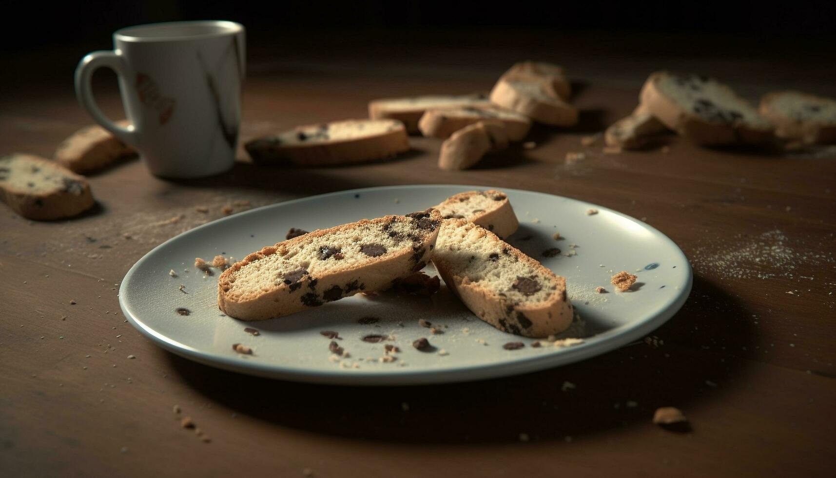 Freshly baked chocolate chip cookies on rustic table generated by AI photo