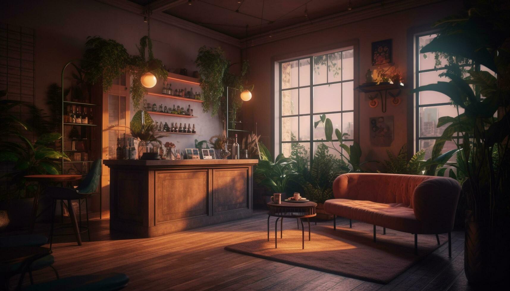 Comfortable modern living room illuminated by electric lamp generated by AI photo