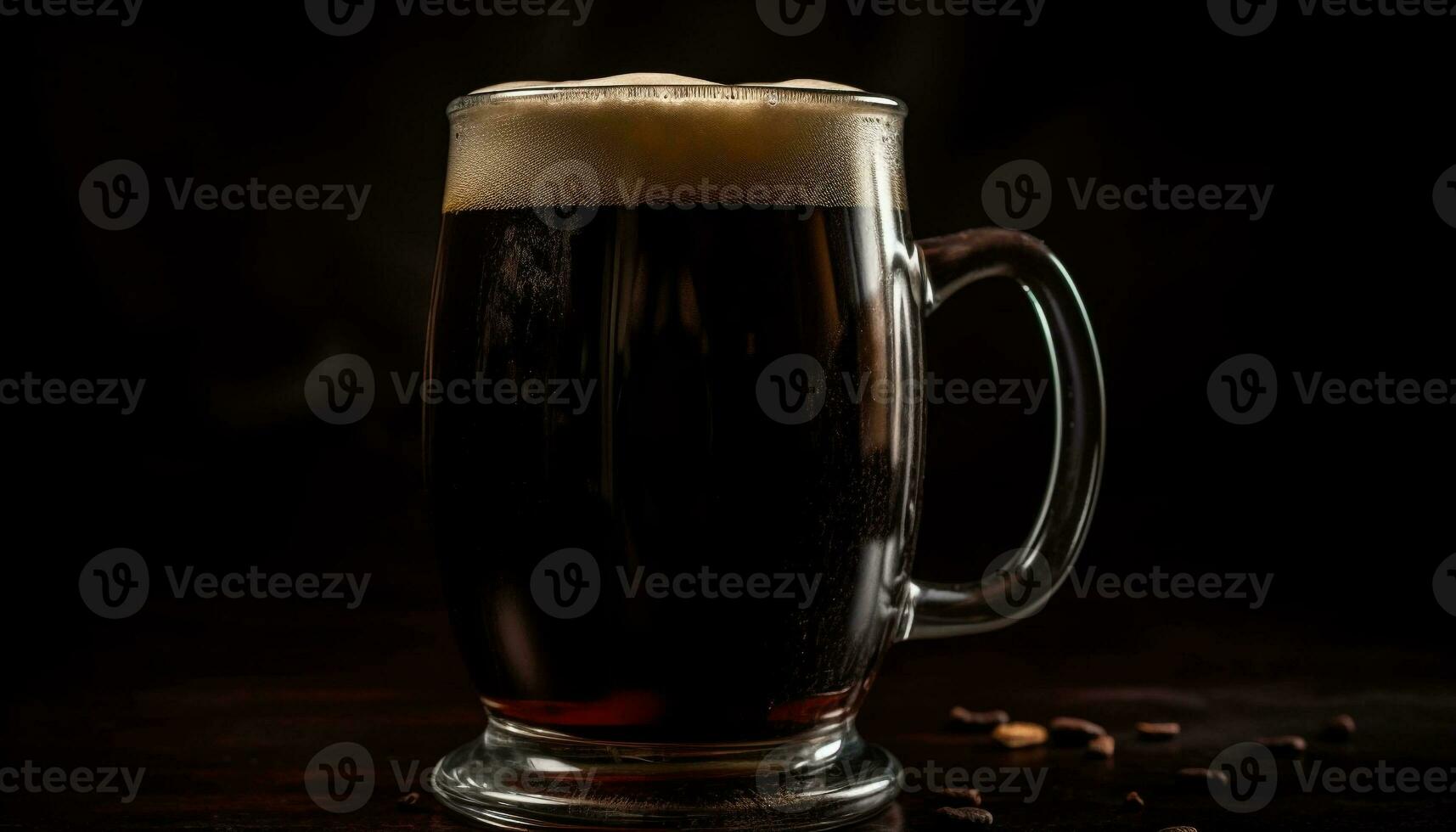 Frothy beer mug on wooden table, refreshing generated by AI photo