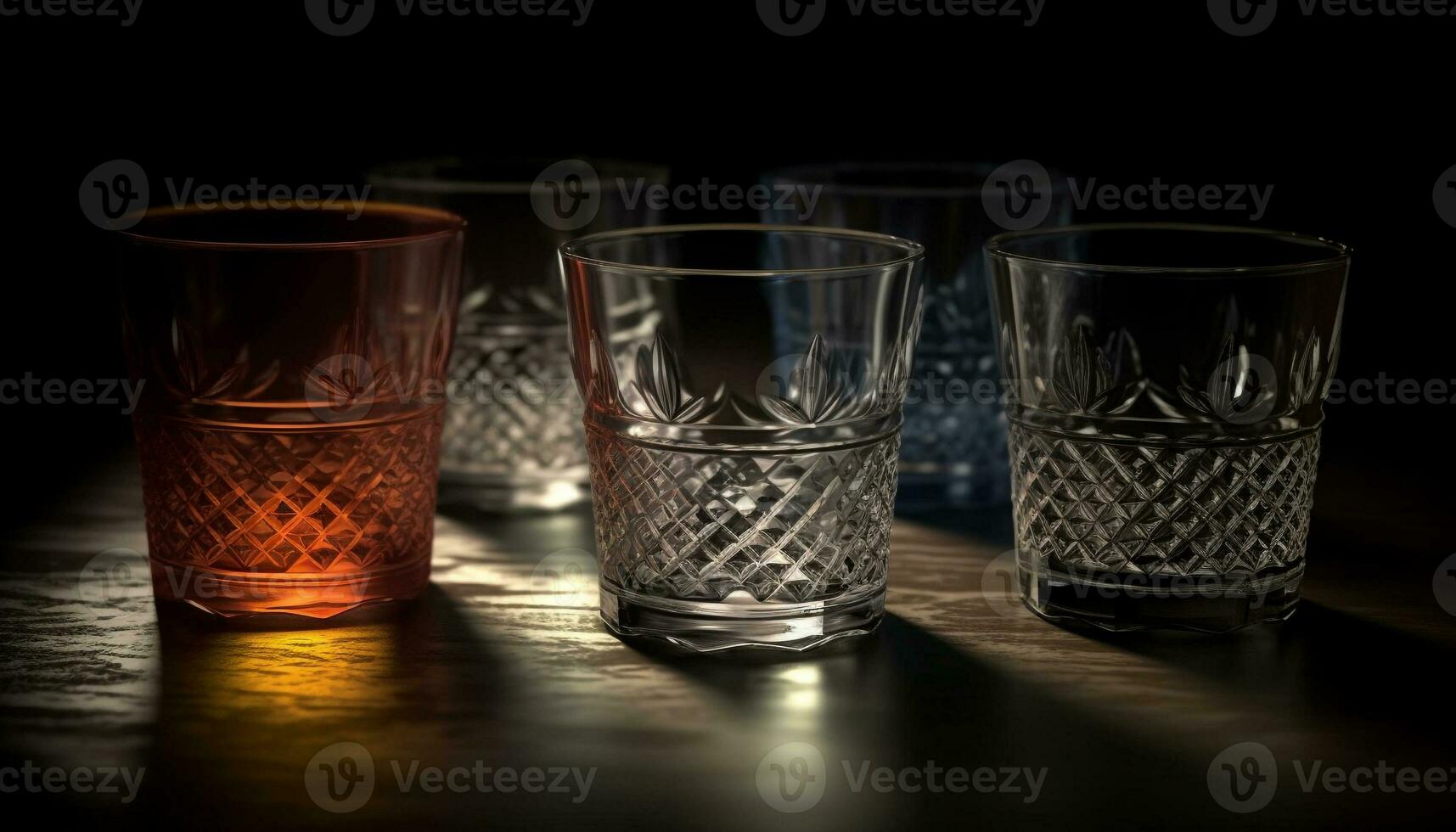 Whiskey shot on dark wood, elegant still life generated by AI photo