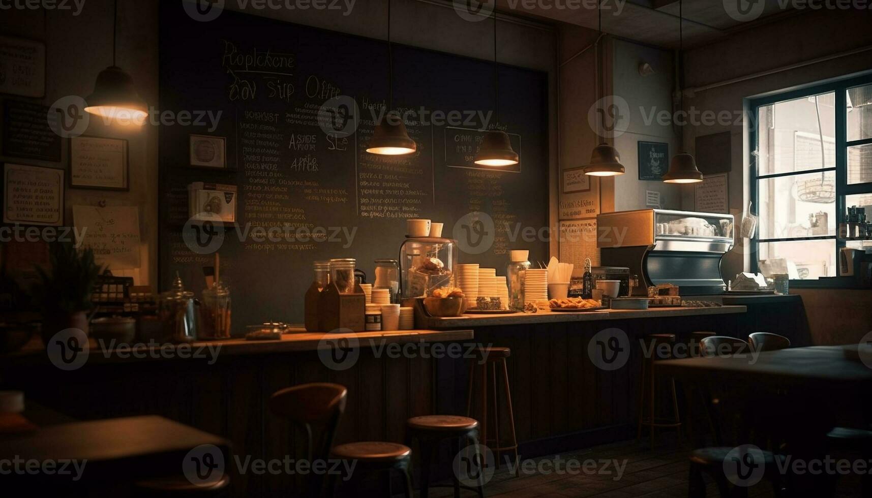 Modern kitchen table illuminated by electric lamp generated by AI photo