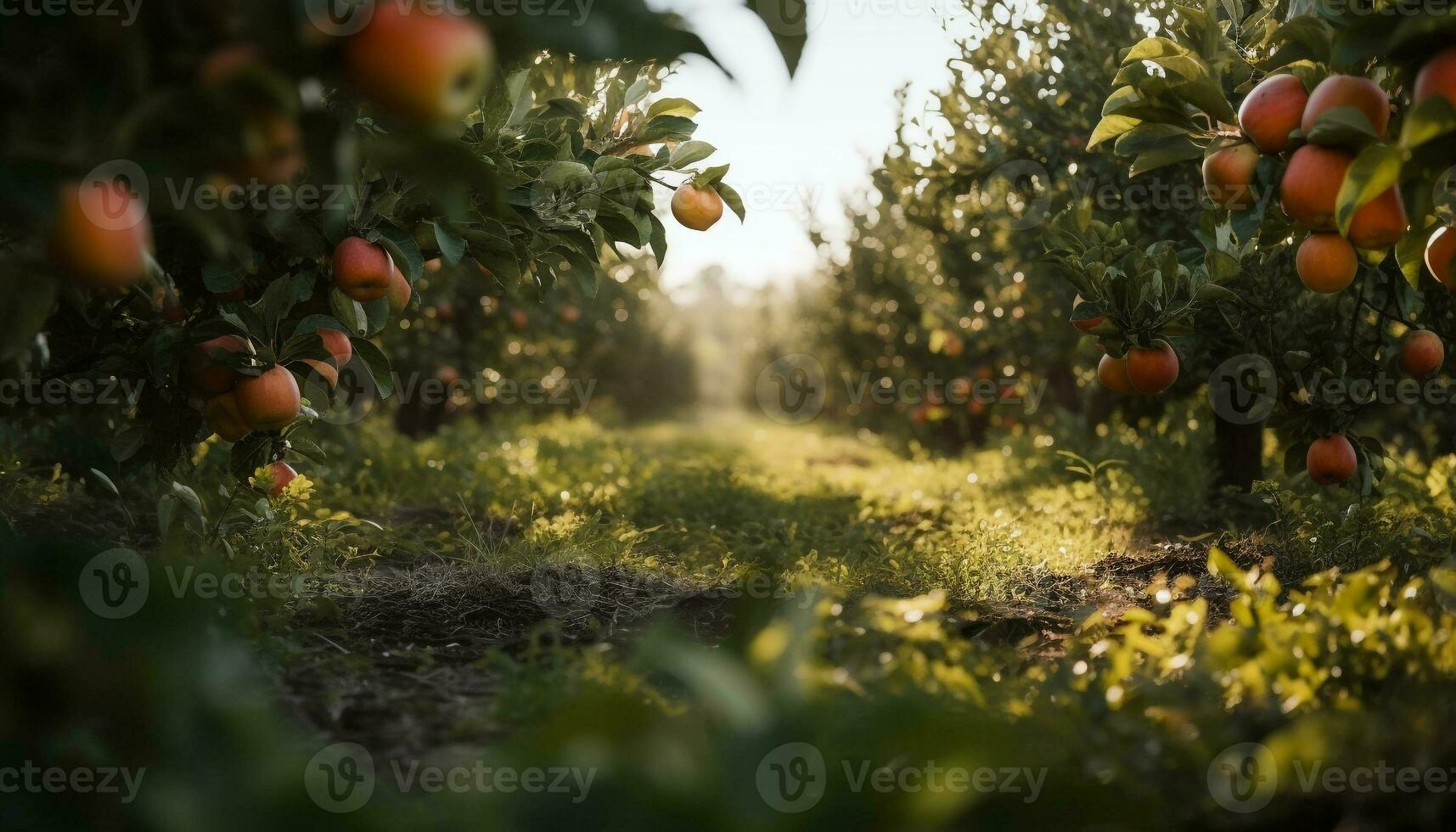 Ripe fruit on green branches in orchard generated by AI photo