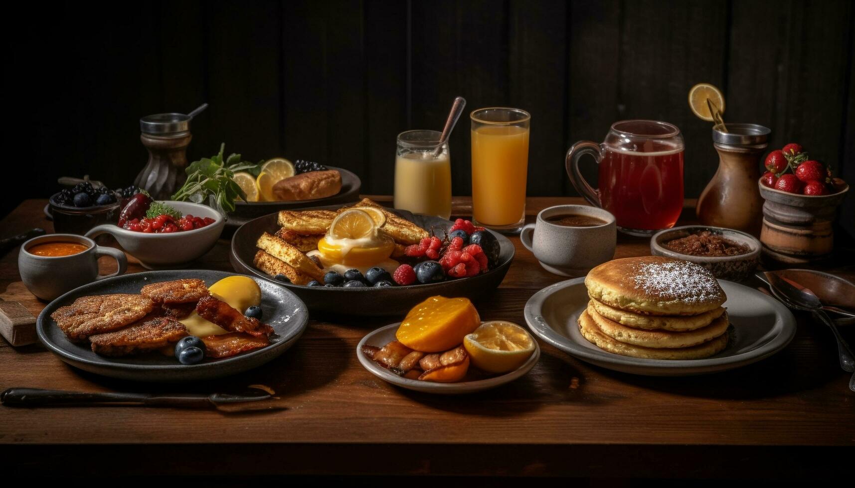 Fresh fruit and berry pancake stack brunch generated by AI photo