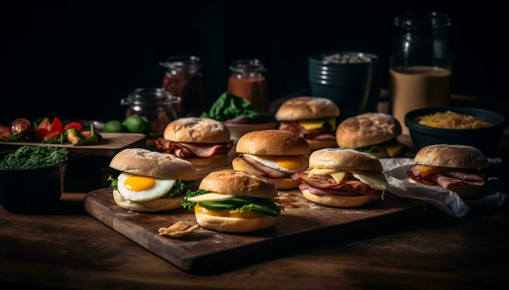 Grilled gourmet cheeseburger on rustic wooden table generated by AI photo