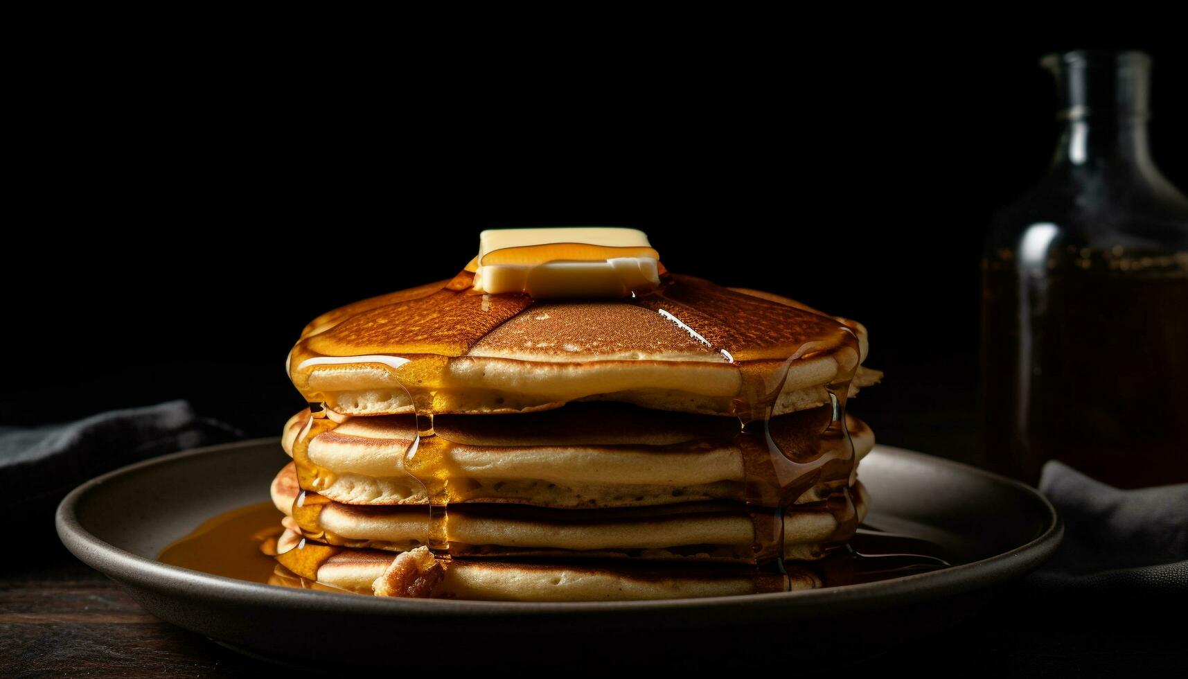 Stacked pancakes on plate, drizzled with honey generated by AI photo