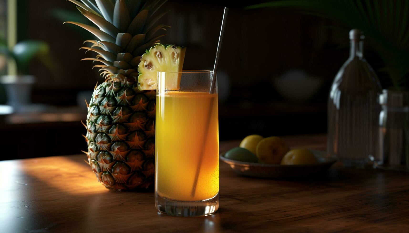 Fresh pineapple cocktail on wooden table for relaxation generated by AI photo