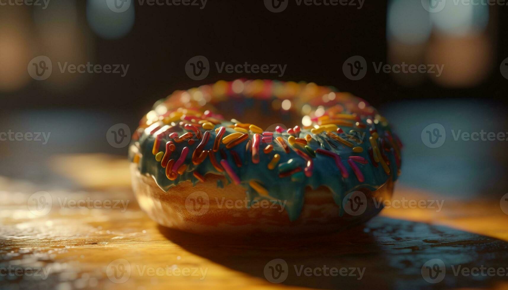 Gourmet donut with chocolate icing and candy generated by AI photo