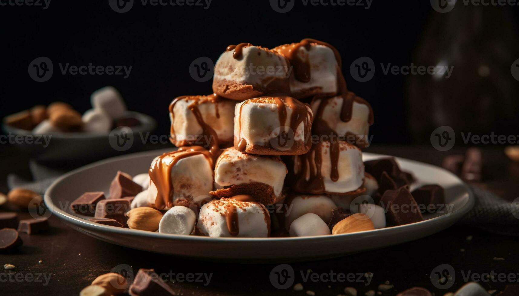 Indulgent homemade chocolate fudge stack on rustic table generated by AI photo