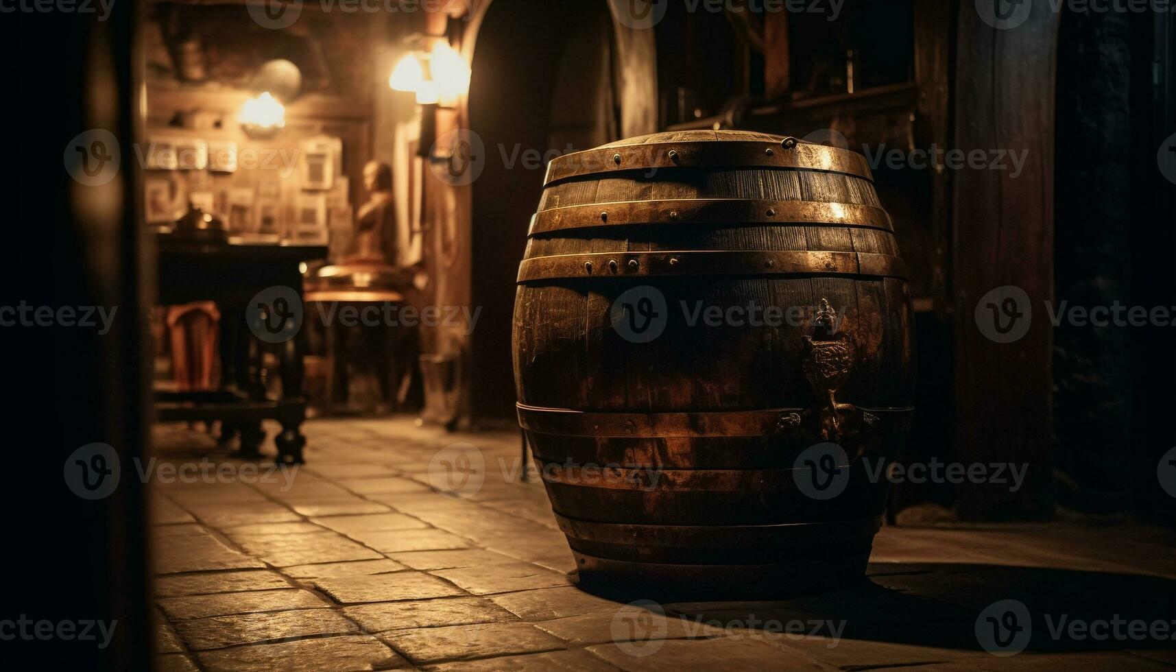Old winery cellar, dark wood barrel kegs generated by AI photo