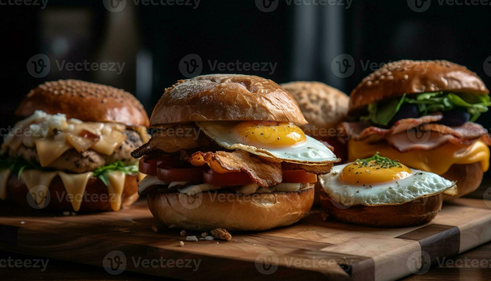 Grilled gourmet burger on rustic wood table generated by AI photo