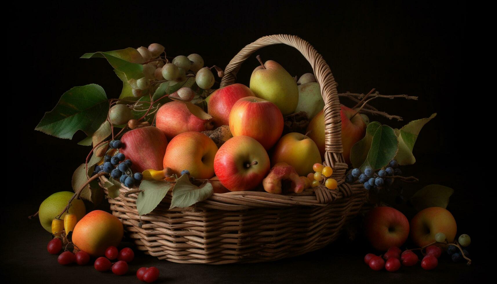 Fresh fruit basket apple, grape, berry, tomato generated by AI photo