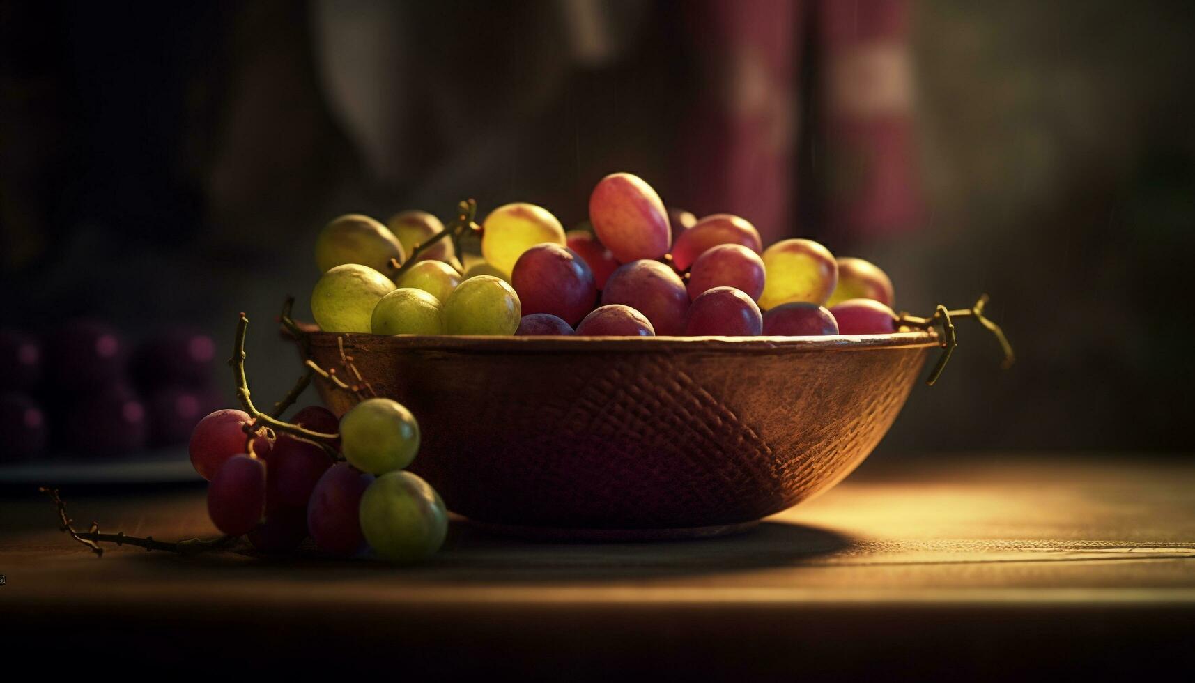 Freshness of nature bounty ripe, organic grapes in wooden bowl generated by AI photo