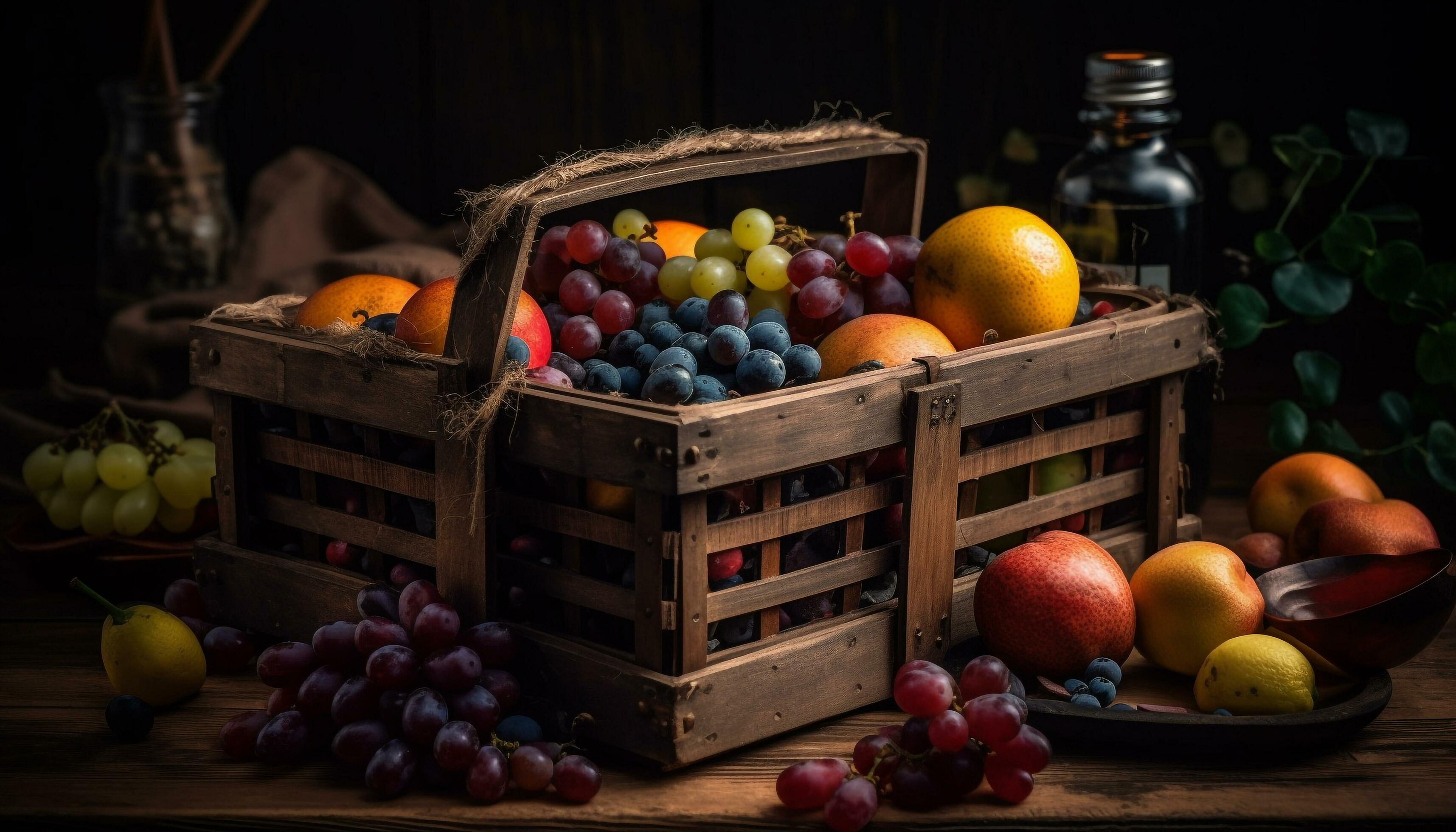 Rustic crate holds fresh organic autumn harvest generated by AI