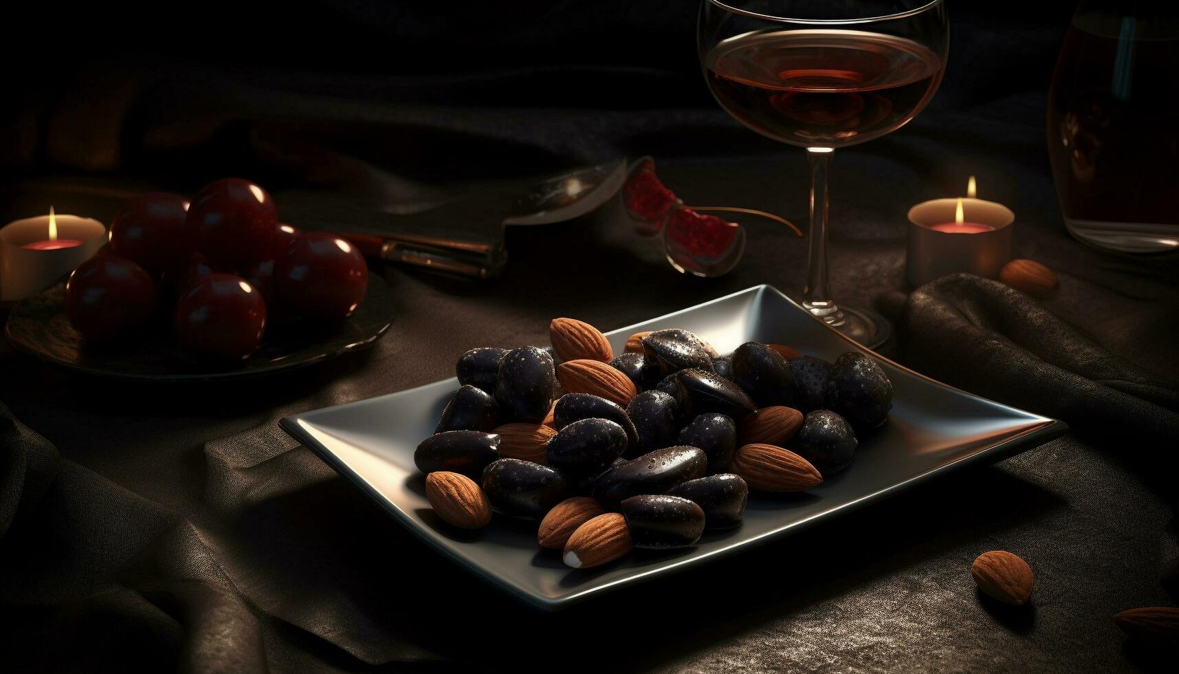 Organic fruit bowl on wooden table, candlelit meal generated by AI photo