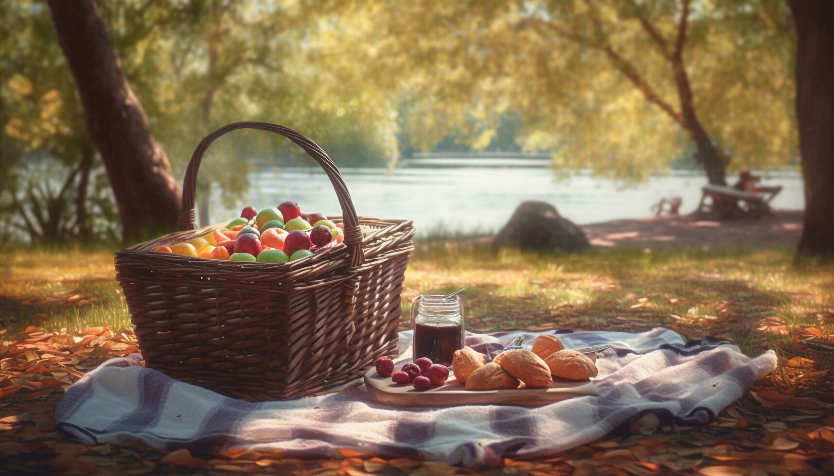 Organic fruit and bread for autumn picnic generated by AI photo