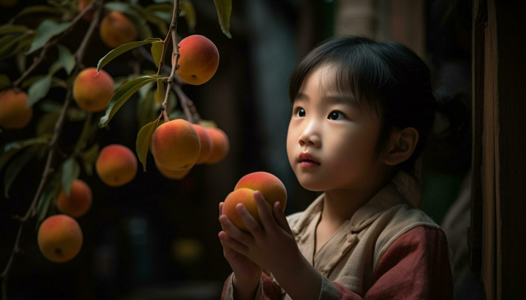 Smiling girls harvest ripe fruit on farm generated by AI photo