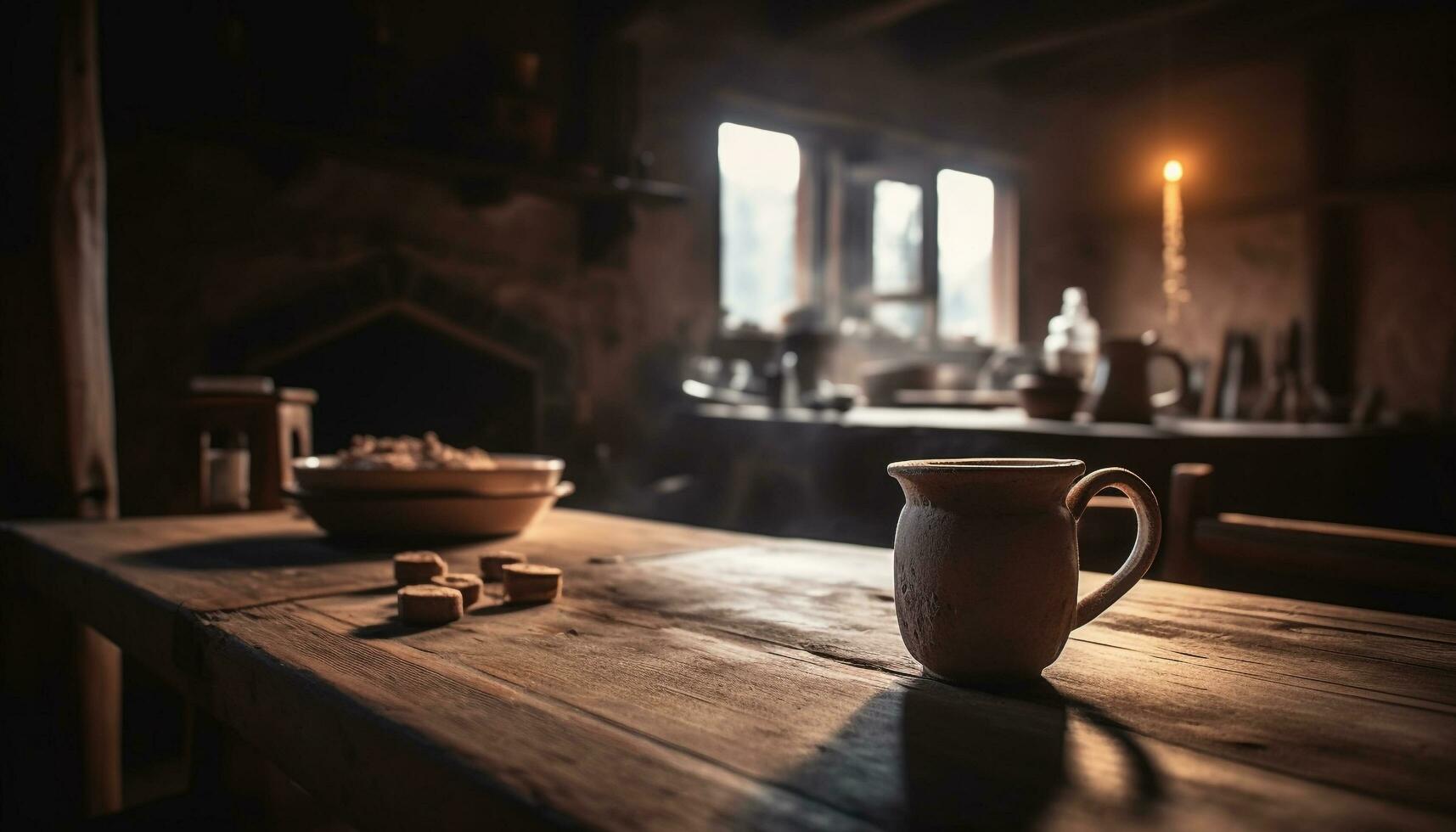 Rustic pottery on table, window view outside generated by AI photo