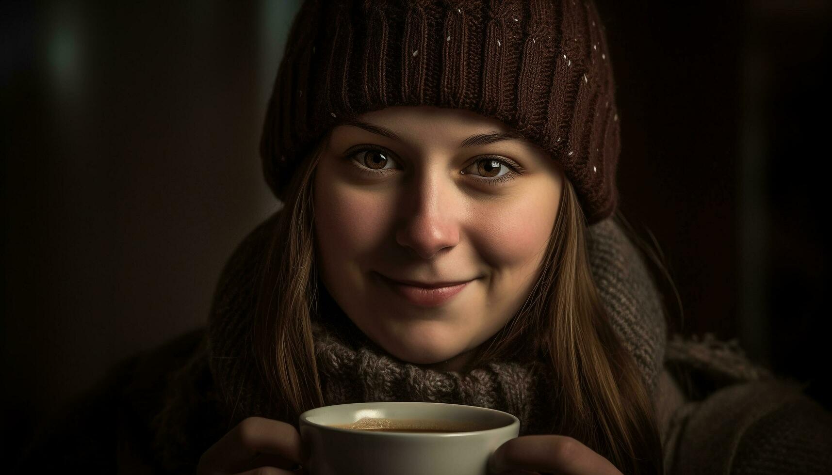 Cute young woman smiling in warm winter clothing generated by AI photo