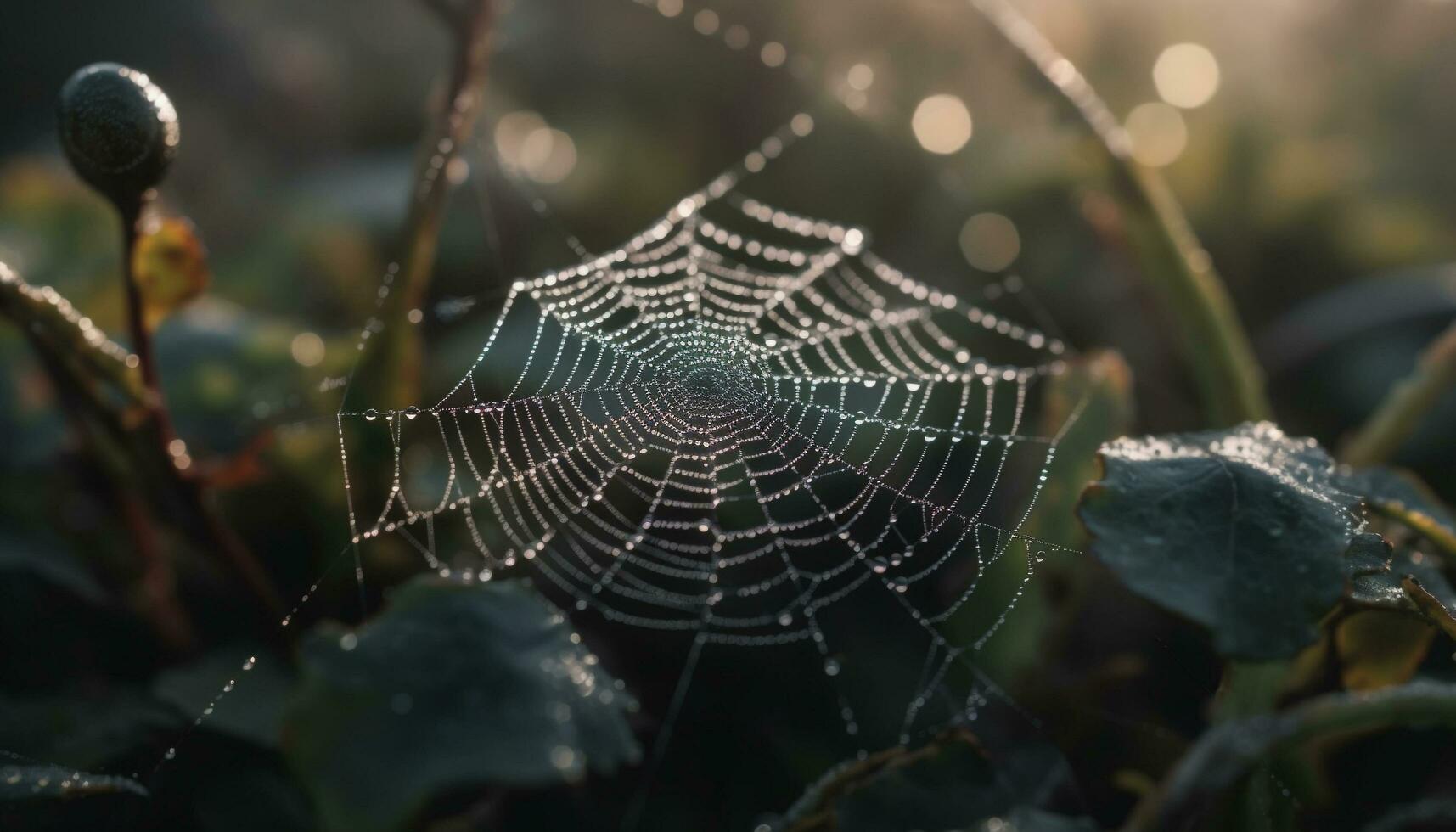 Spider web glistens with dew drops in autumn generated by AI photo