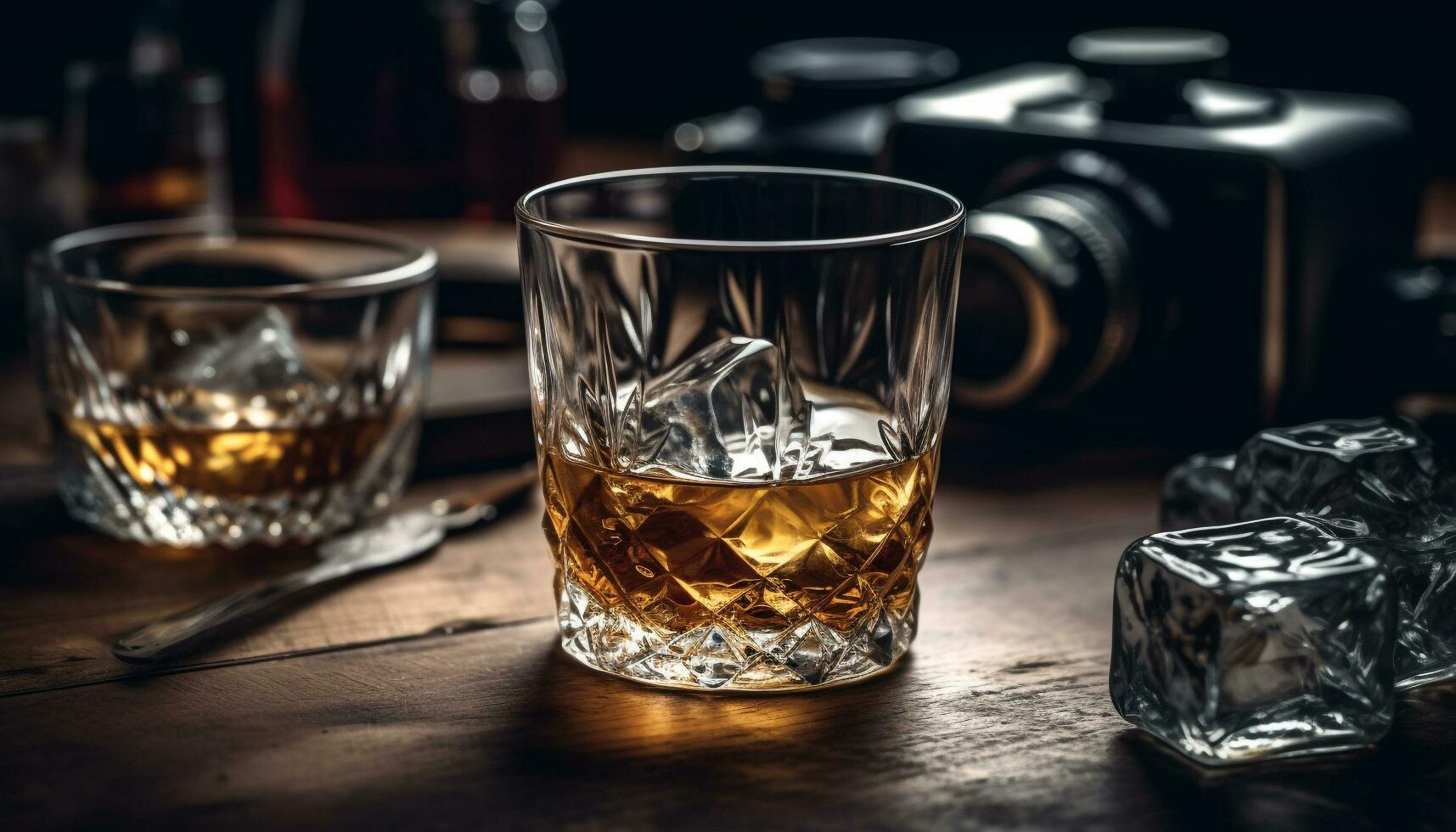 lujo whisky cóctel en antiguo pasado de moda vaso generado por ai foto