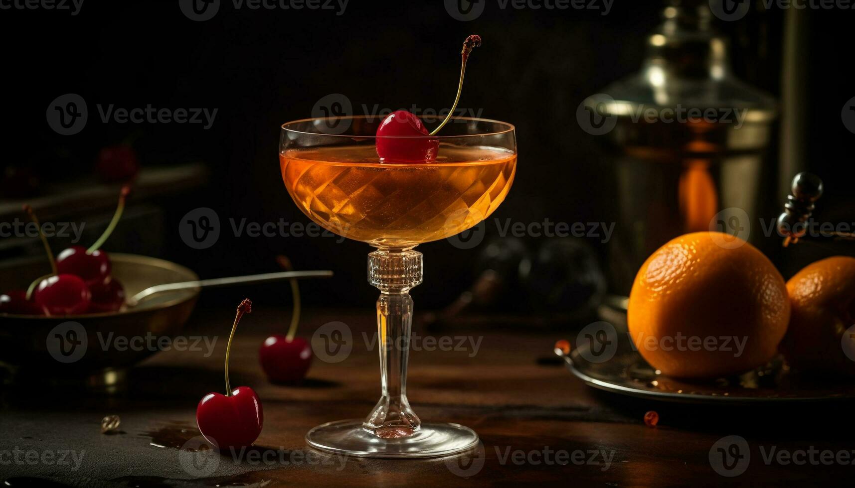 Juicy fruit cocktail on wooden table, refreshing summer generated by AI photo