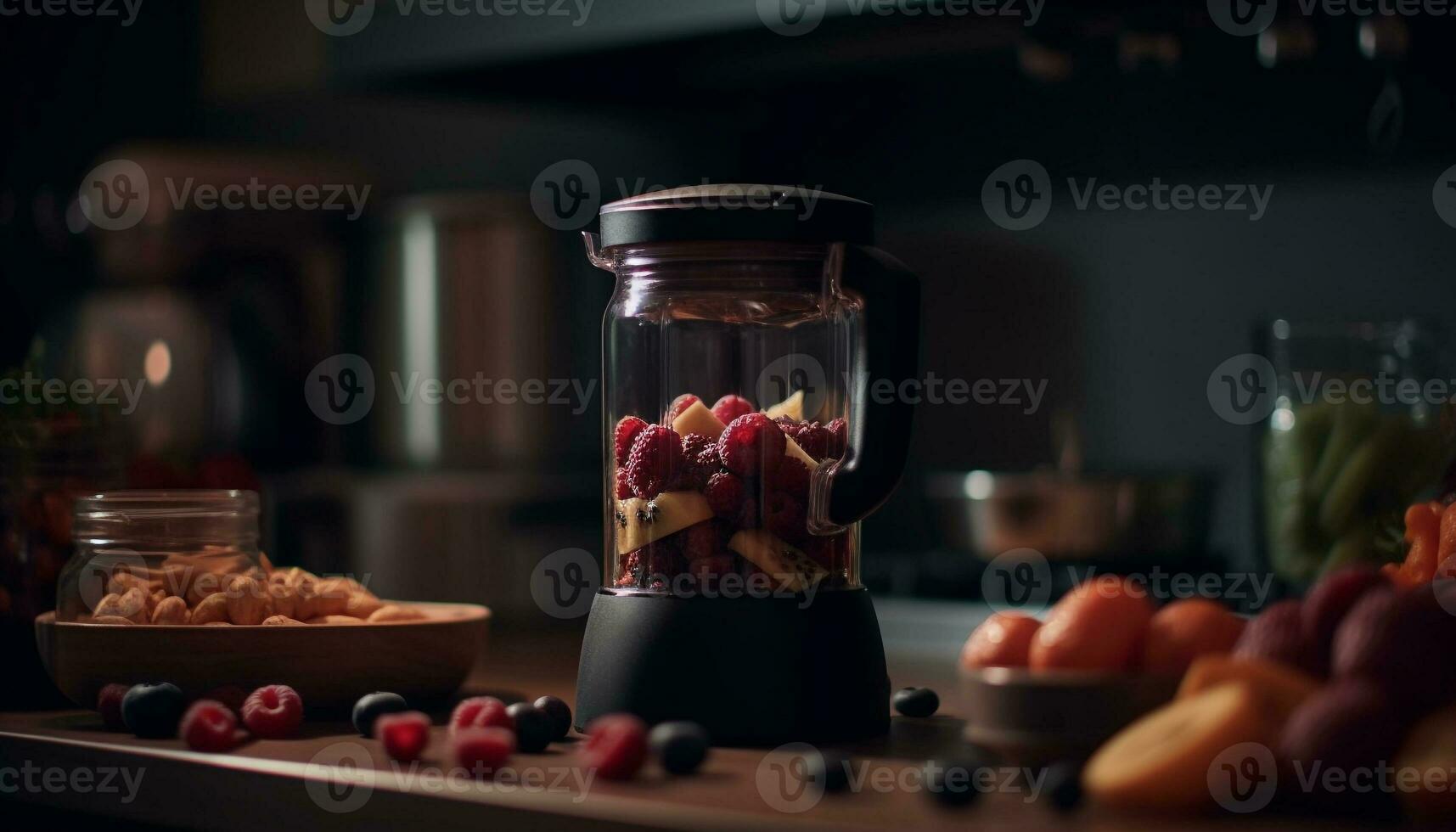 Fresh berry fruit bowl on wooden table indoors generated by AI photo